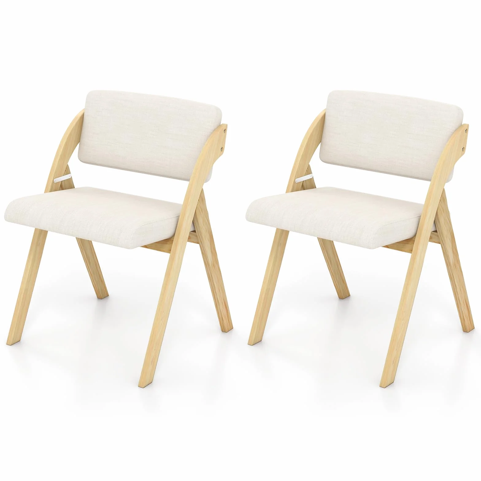 HOMASIS Juego de 2 sillas Plegables, Silla de salón con Asiento y Respaldo tapizados, Silla Auxiliar Plegable con Patas de Madera de Caucho, Silla de Oficina portátil, 56x53x76cm, Natural y Beige