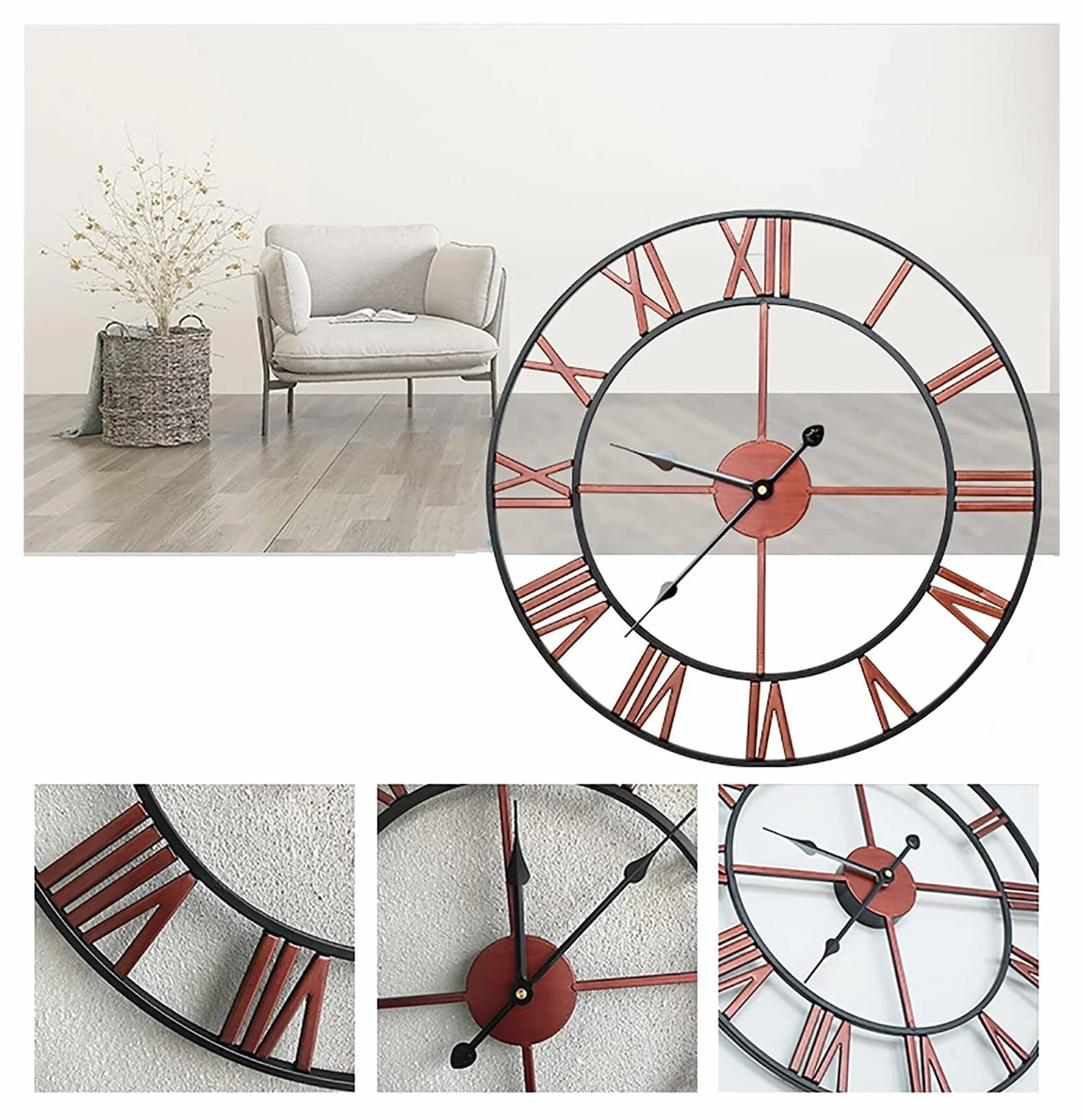 Relojes Reloj de pared grande de 24 pulgadas de metal envejecido que no hace tictac, silencioso, estilo industrial moderno, reloj de pared de hierro con números romanos for el hogar, sala de estar, co