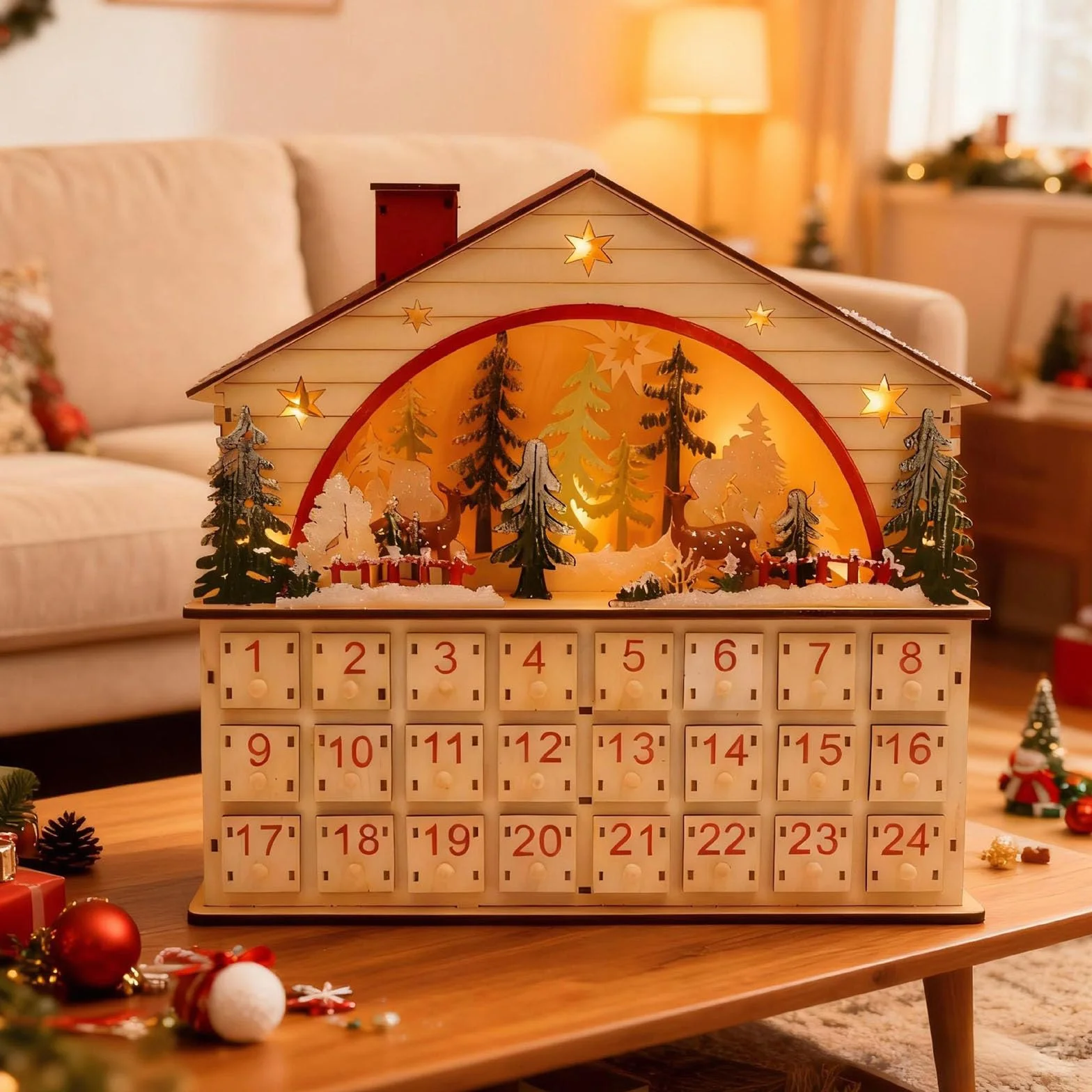 Calendario de Adviento de madera hecho a mano con luces LED, cuenta regresiva navideña con pilas Decoración navideña Calendario de Adviento LED navideño de madera