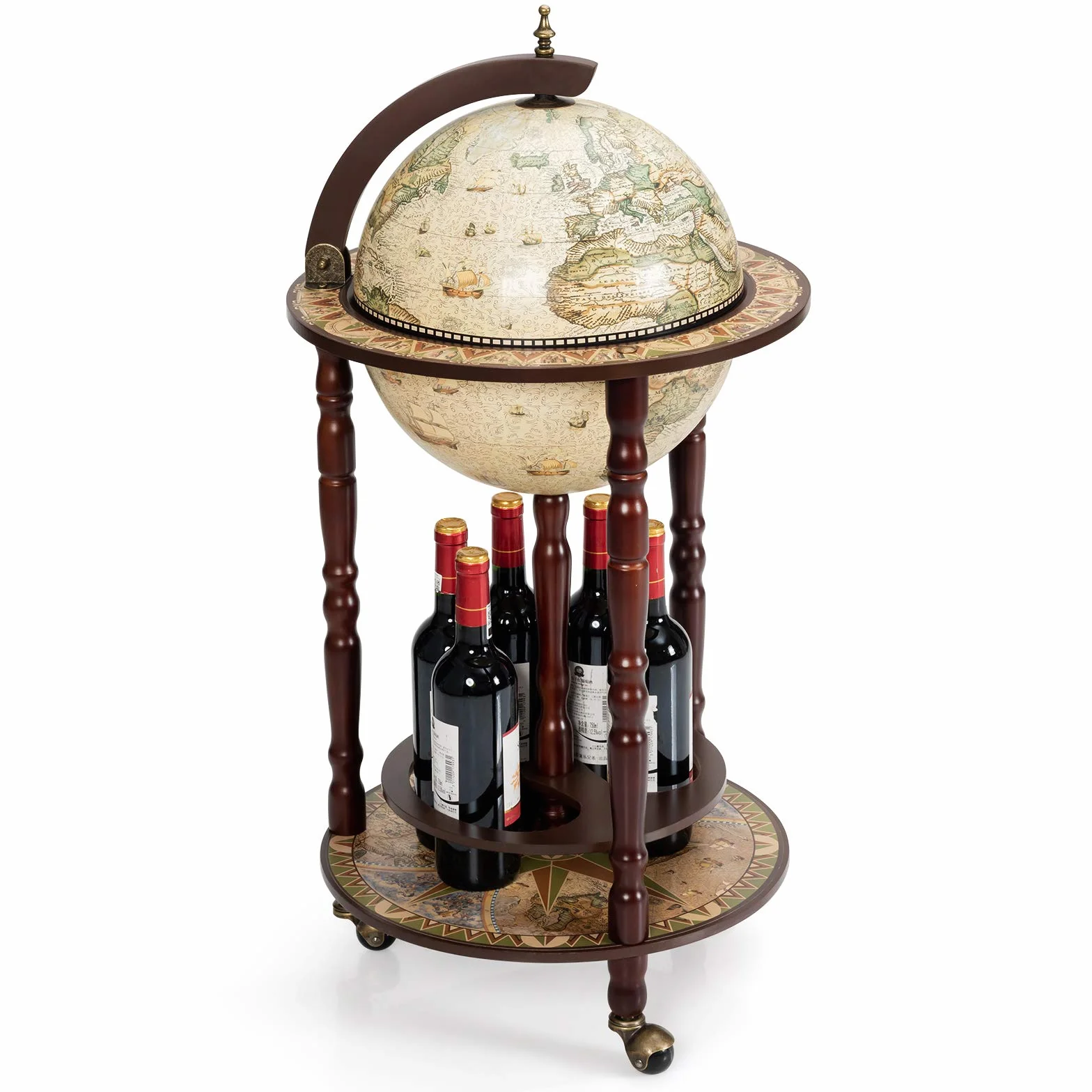 KOMFOTTEU Botellero Bar Globo Terráqueo con Ruedas, Soporte para Botellas de 2 Niveles, Carrito de Bar de Madera, Mueble Minibar para Bebidas, para Restaurante, Fiesta (Beige, 45 x 45 x 88 cm)