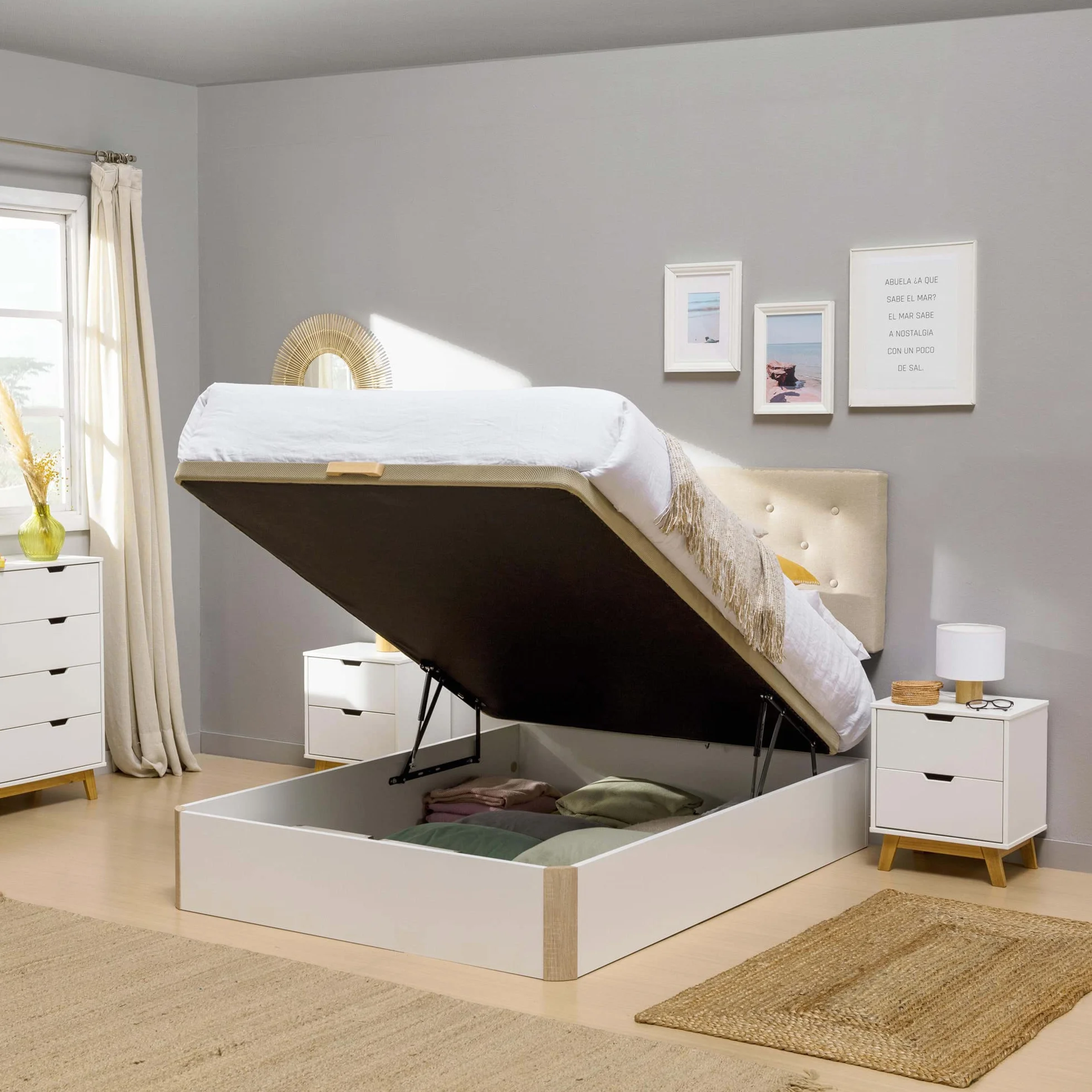 HOMN LIVING Canapé Abatible 160x200 cm Blanco/Cambrian de Gran Capacidad, Esquinas Redondeadas, Tapa Reforzada y Transpirable