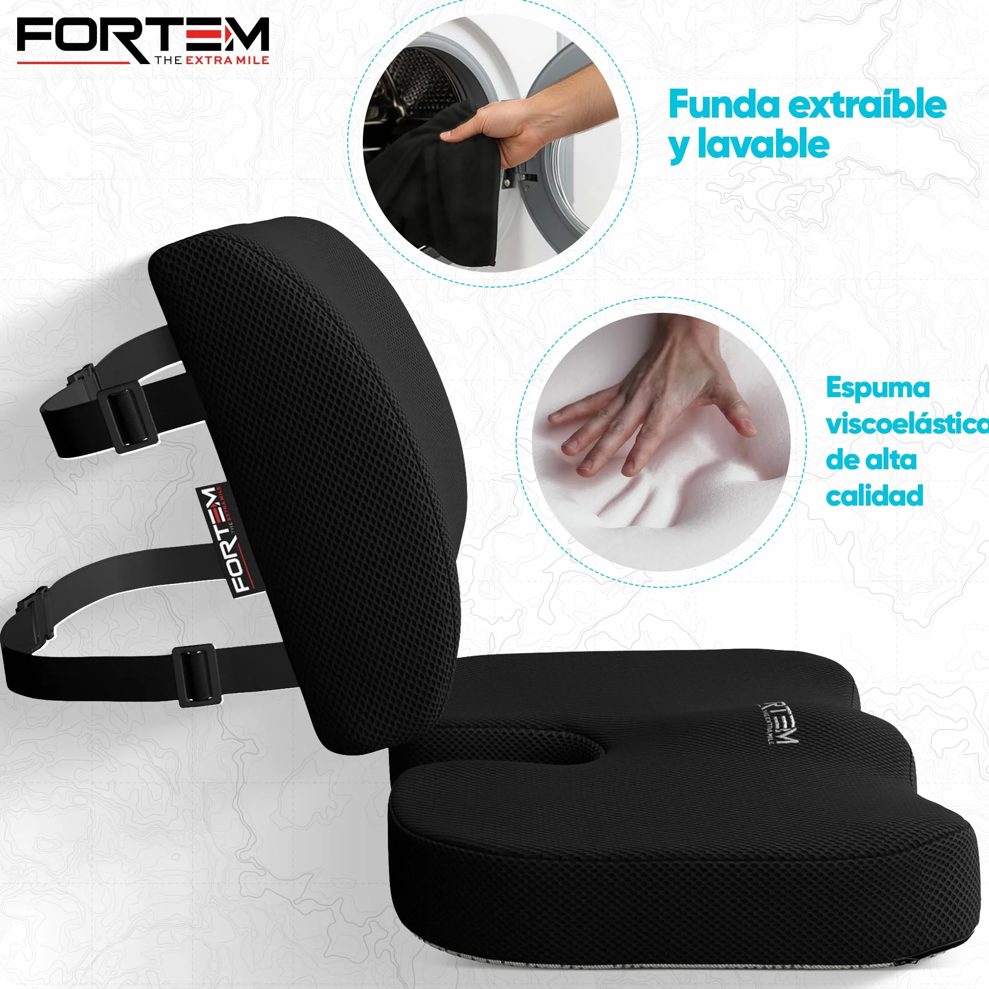 FORTEM Pack Cojín Silla Oficina y Almohada Lumbar - Cojín para Silla Ordenador en Forma De U y Almohada Lumbar con Espuma Viscoelástica para Asiento Coche, Gaming, Trabajo - Fundas Lavables