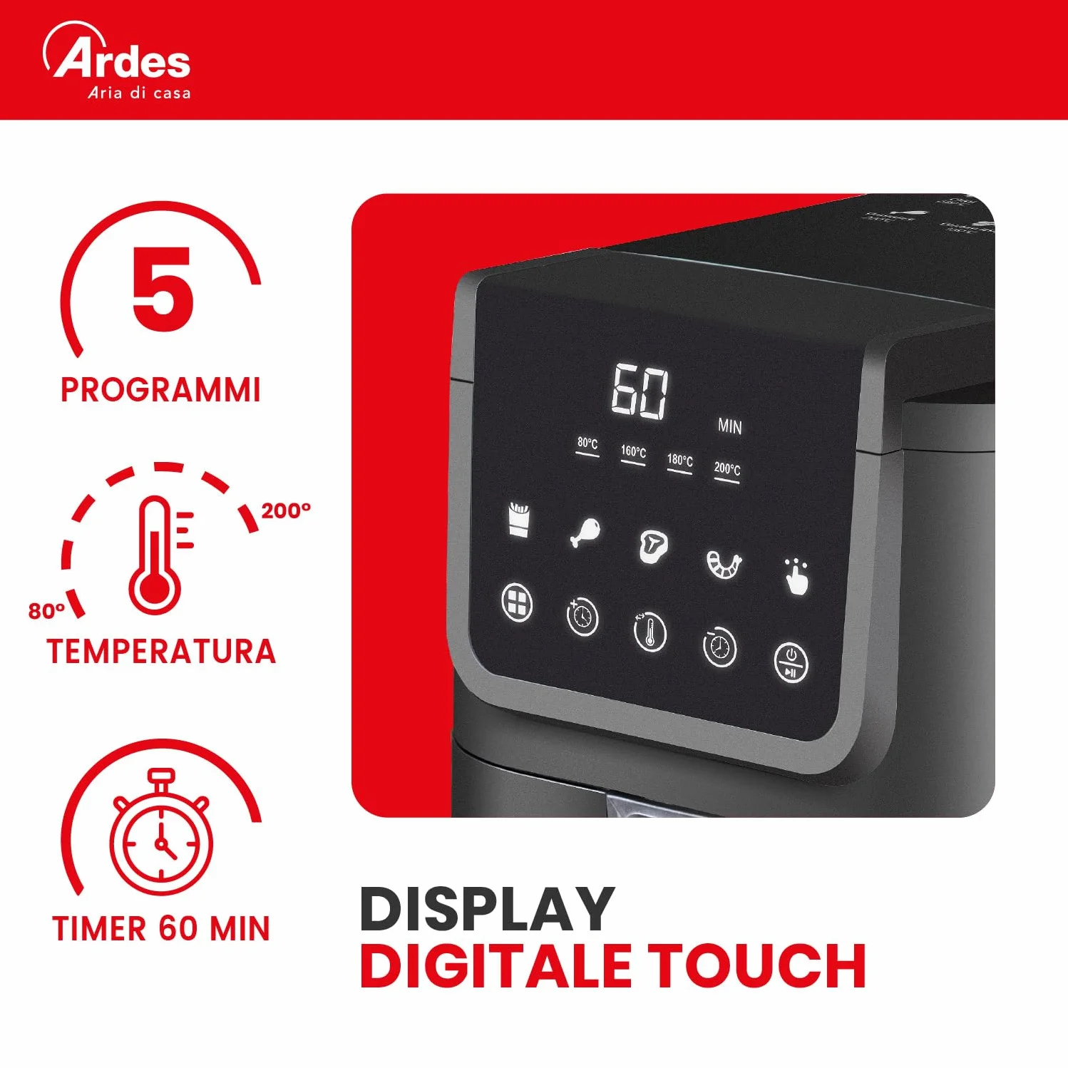 Ardes FRIGGISANA INFINITY 5L Freidora de Aire Slim XL 5L con Pantalla Digital Táctil, Temporizador 60’, 5 Programas y Cavidad Súper Profunda Antiadherente
