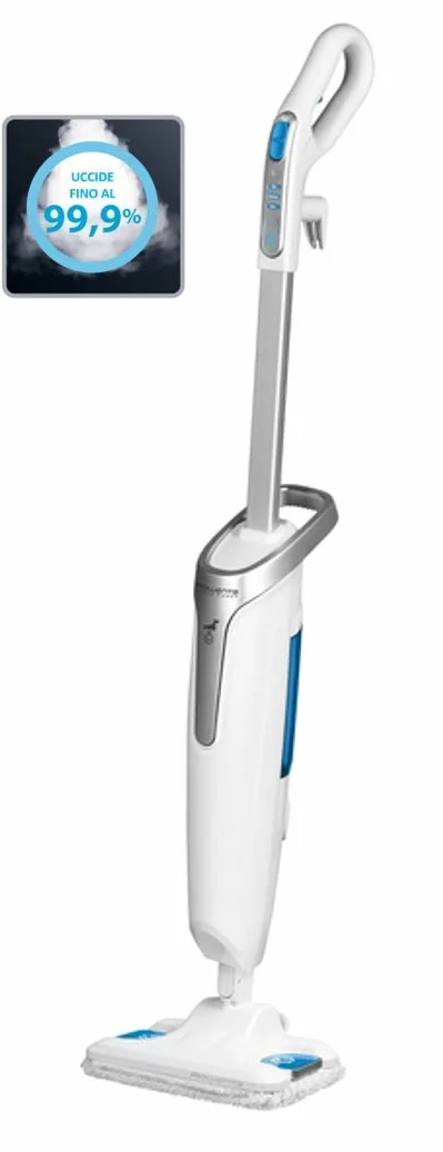 Rowenta Steam Power RY6557WH - Escoba de vapor con mopa para suelos duros, 3 ajustes y cepillo para suciedad incrustada, sistema antical y fácil de almacenar, elimina el 99 % de gérmenes, fácil uso