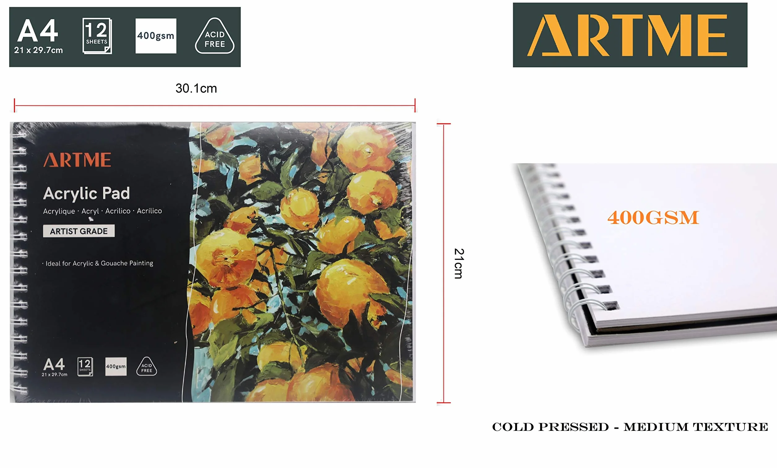 Artme Almohadill Papel Acrílica A4 x 12 Hojas 400g Extra Pesado Prensado En Frío Sin Ácido Bloc Dibujo Pintura Acrílica Y Gouache
