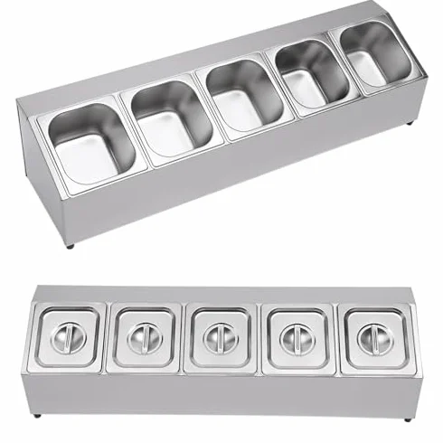 Caja de especias de acero inoxidable, estación de pizza, organizador, dispensador de especias con 6 sartenes y tapas 1/6, recipiente para especias de acero inoxidable, estante para condimentos