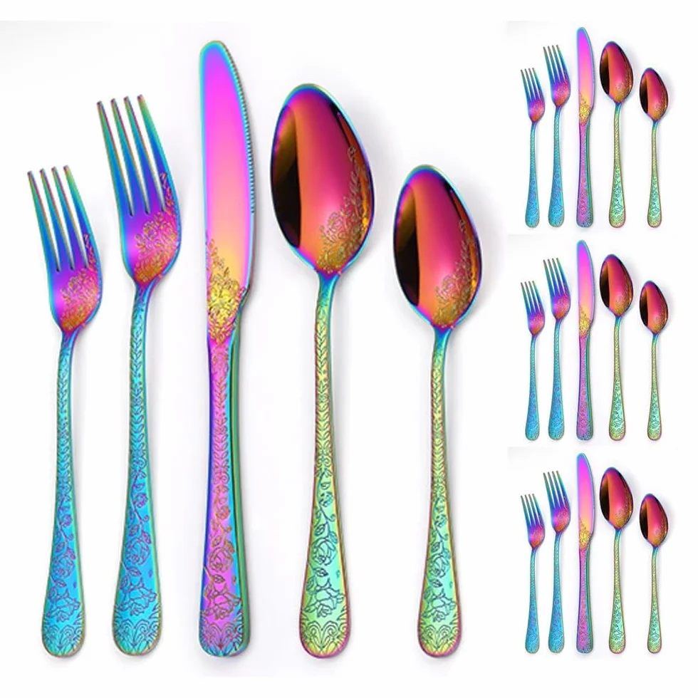 Vintage Tallado Cocina Cubiertos De Acero Inoxidable Vajilla Cubiertos Cuchillos Tenedores Cucharas Juego De Carne Para El Hogar Cuchillo Cuchara De Postre (Arcoíris,20 piezas)