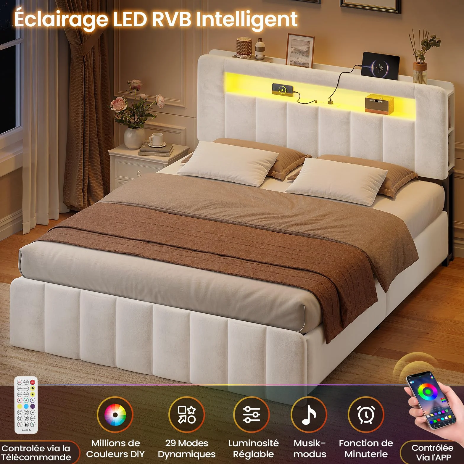 AOGLLATI Cama Matrimonial 140x190 con Almacenamiento Hidráulico Cama Juvenil con Cabecero Cama Multifuncional Cama Canape 140x190 con LED y Carga Integrada Estantería Lateral Cama Terciopelo Beige