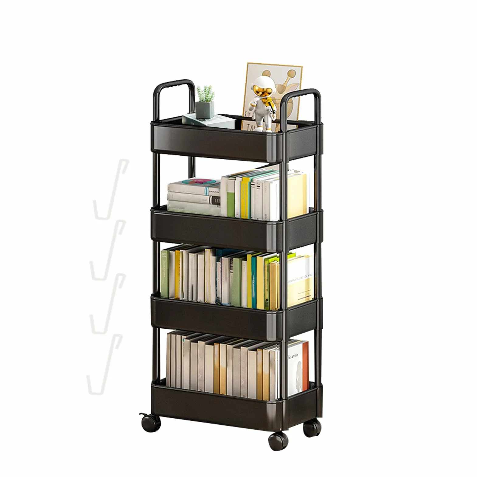 Organizador de almacenamiento para libros, estante con ruedas y ganchos, para aperitivos a 3/4 niveles, organizador de almacenamiento móvil para la organización de la m