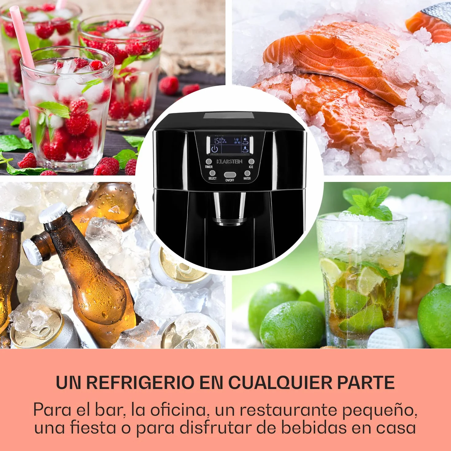 Klarstein Maquina de Hielo para Encimera, Maquina Hacer Cubitos de Hielo Domestica, Producción 12 kg., Depósito Agua Capacidad 2 l. Dispensador Agua Fría, Ice Maker Sobremesa, Máquina Cubitos de Hielo