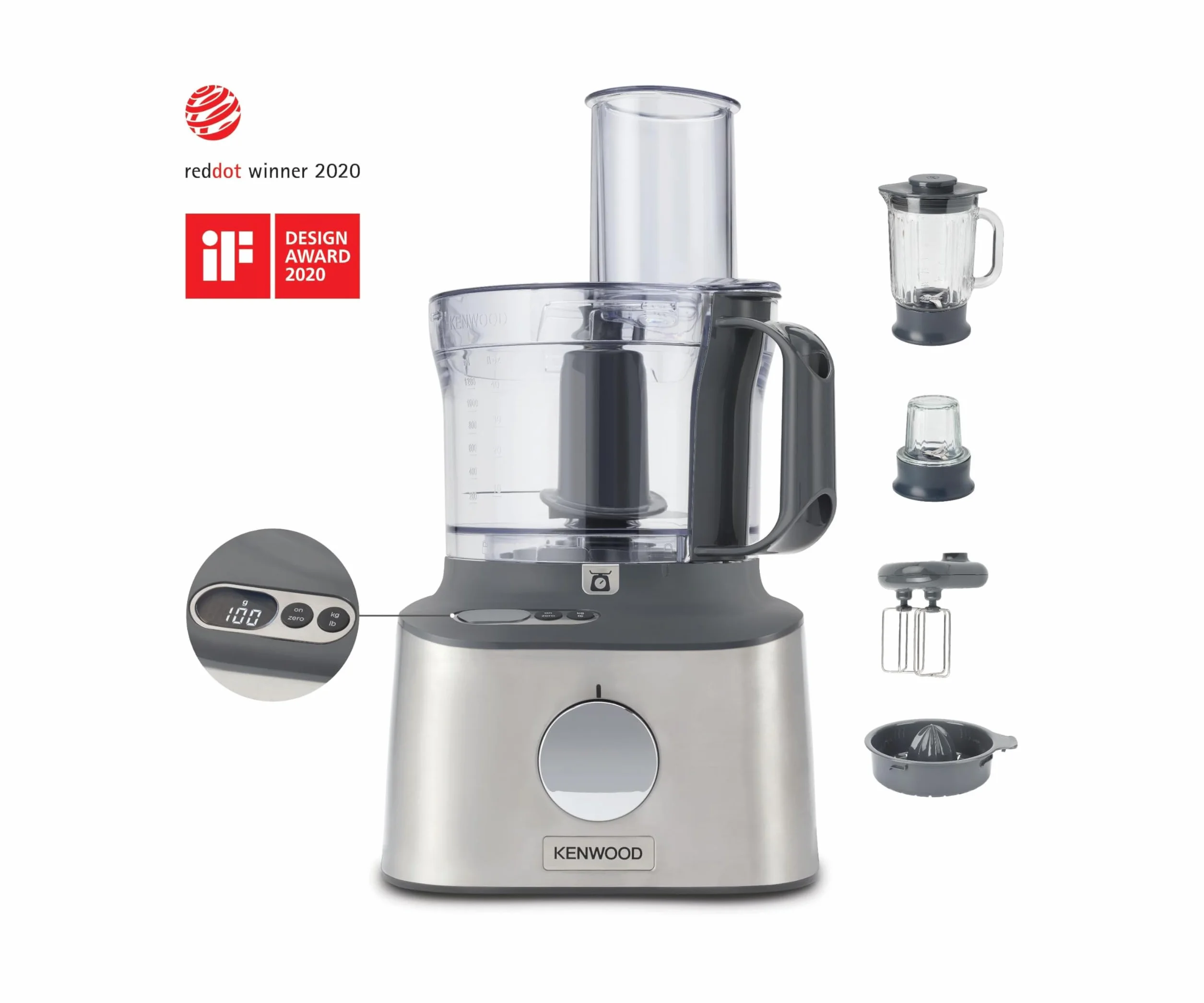 Kenwood Multipro Compact Procesador Robot de Cocina, Bol de 1,2L, Batidora de Vaso de 1,2L, Gancho para Amasar, Varillas, Discos para Cortar y Rallar, Molinillo de Especias, 800 W, FDM313S, Plata