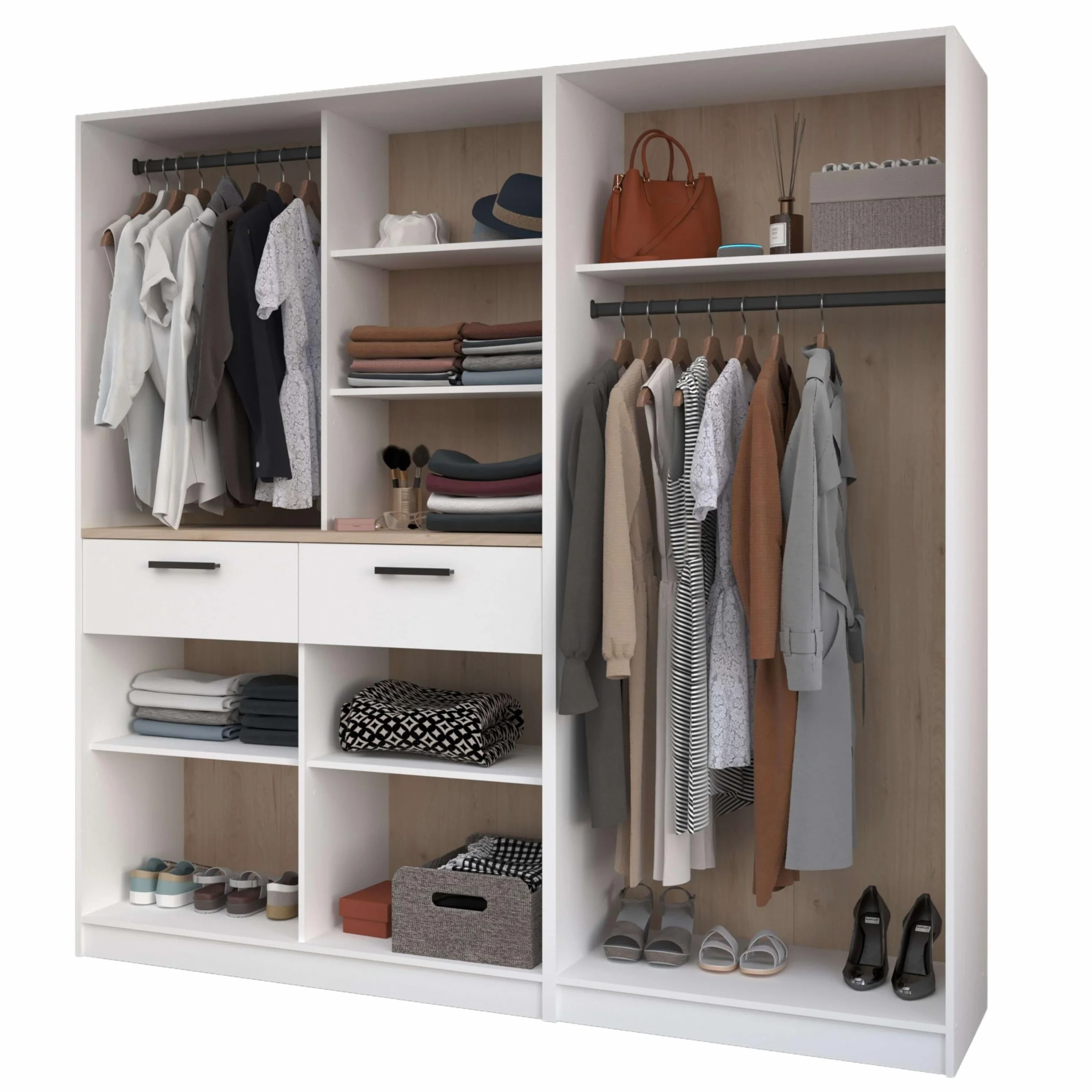 Miroytengo Vestidor Abierto Modular Flexa Dormitorio Roble Jackson Blanco Mate 2 Cajones 5 Estantes 2 Barras 203x200 cm