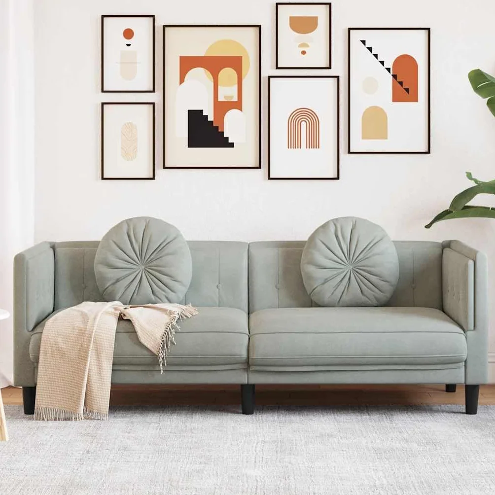 Sofá de 3 plazas con cojines en terciopelo gris claro, sofá de lujo suave para salón con acolchado cómodo y patas de apoyo estables