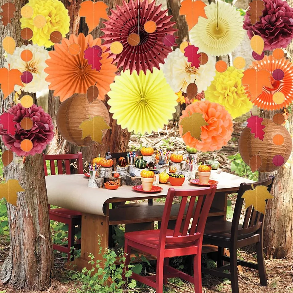 Decoraciones de Fiesta de Otoño: Abanicos de Papel Naranja y Burdeos, Pompones Amarillos, Faroles, Guirnalda de Hojas de Arce, Lunares Circulares para Cosecha, Cumpleaños