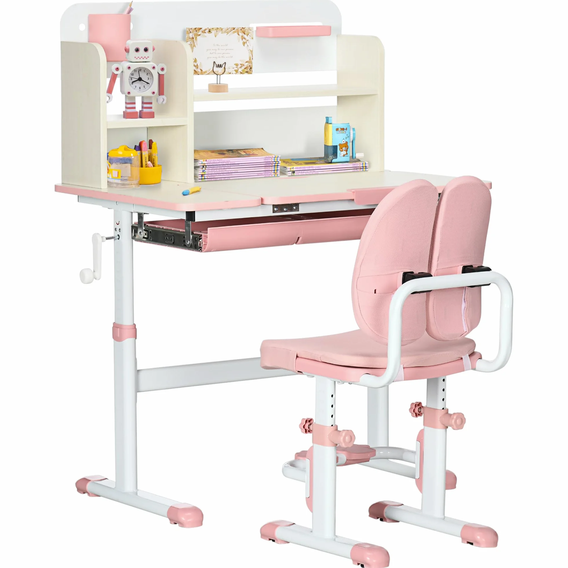 HOMCOM Pupitre Infantil Altura Ajustable con Cajón y Estante 80x52x88-109 cm Rosa y Blanco