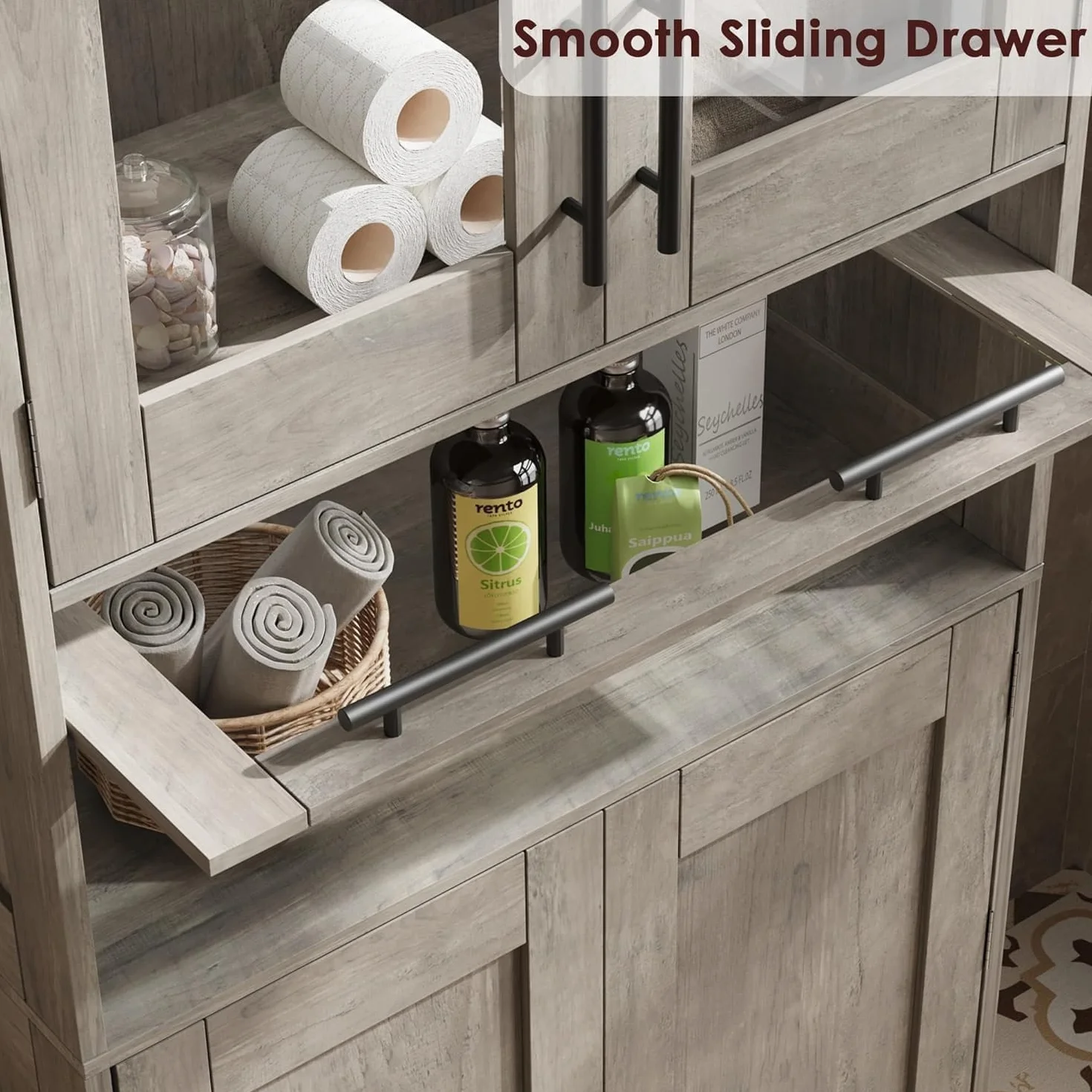 Armario de Baño Doble Compartimento 60x30x170 cm, Mueble con Puertas y Estante Ajustable, Gris
