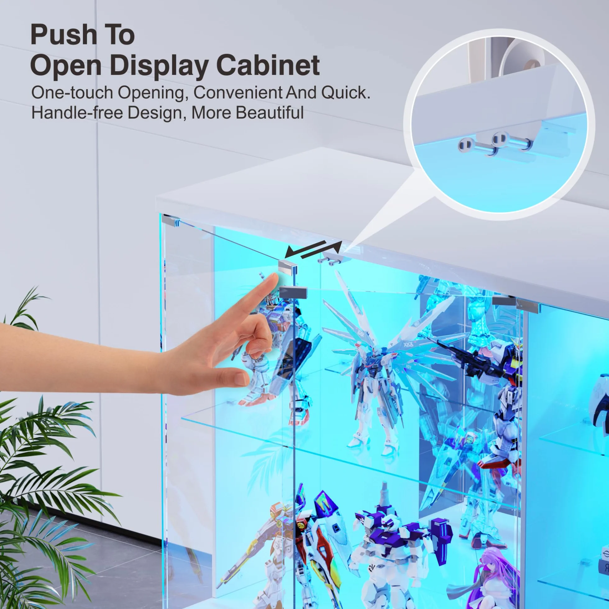 Vitrina Expositora con Iluminación LED: Puertas de Cristal con Cerradura Vitrinas con Sensores Inteligentes Vitrina Cristal de 3 Niveles para Salón,Dormitorio,Oficina o Estudio,