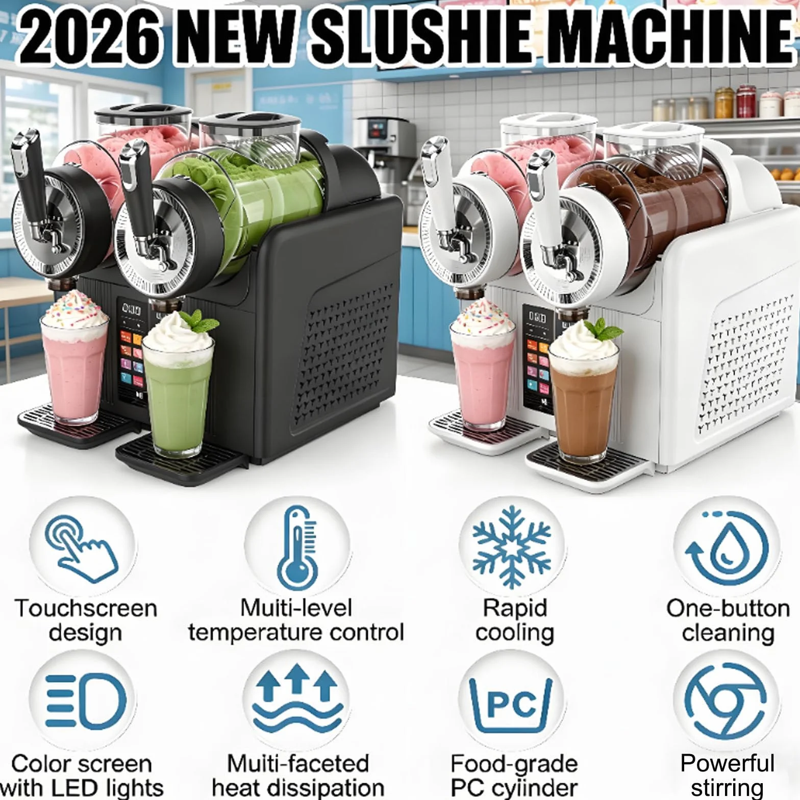 Máquina De Granizados De 430 W,7 En 1, Máquina De Helado Suave con Dos Depósitos De 2 litros, Limpieza Automática, Bloqueo Infantil, Dispensador De Bebidas Frías White
