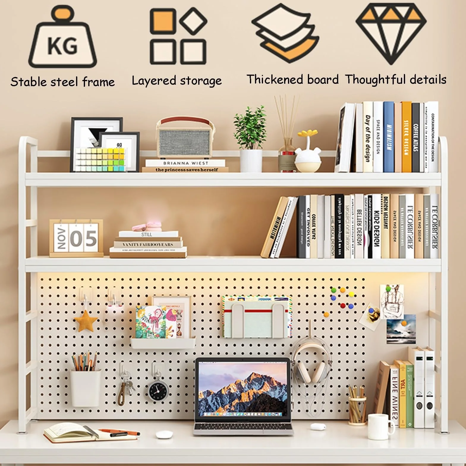 Estante de escritorio 3 estantes, estante ajustable organizador estantería de escritorio para escritorio de la computadora, de madera y metal para la oficina casa estudio dormitorio (A, 90cm)