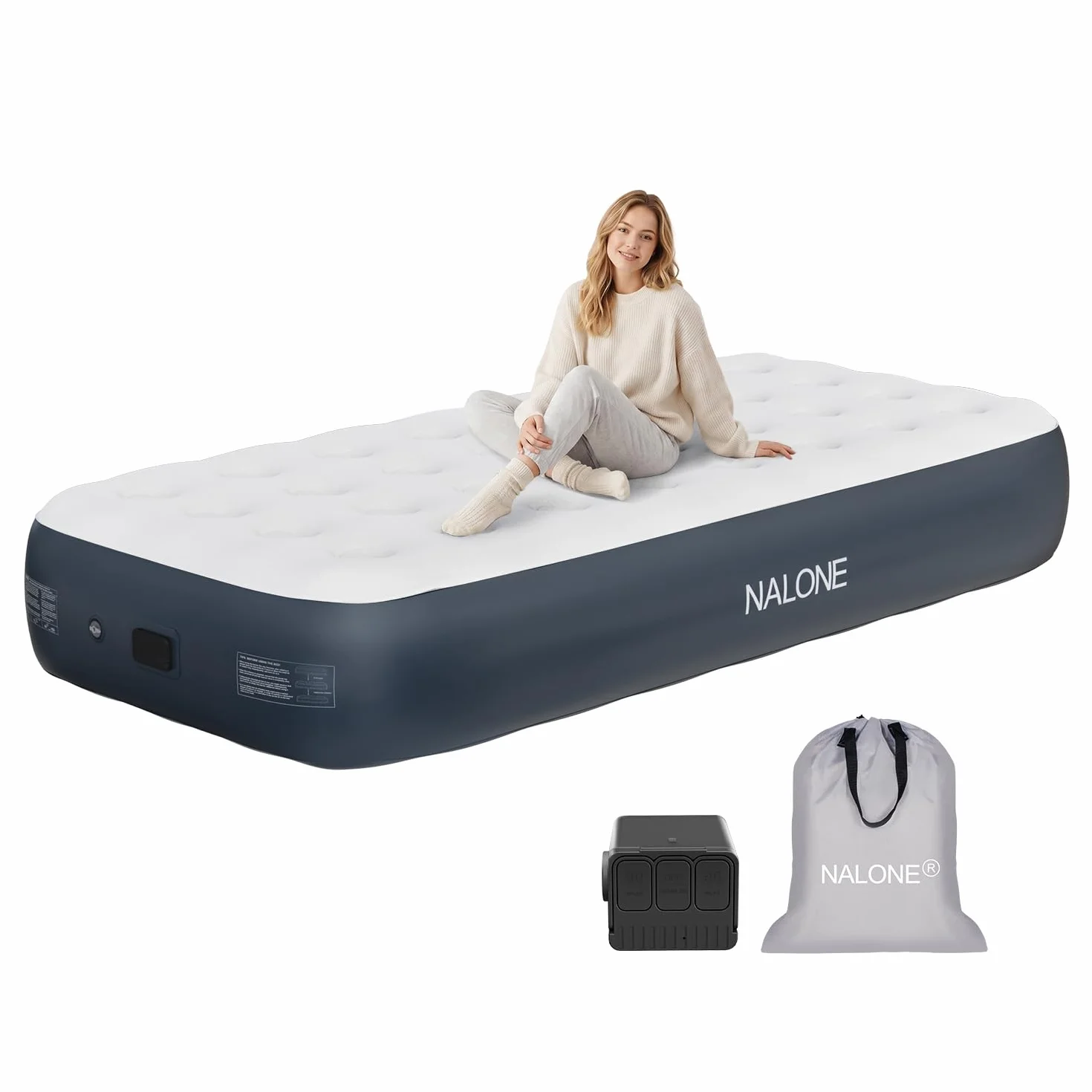 NALONE Colchón Hinchable Individual con Inflador Recargable Integrado 191x99x33cm, Colchón Inflable Matrimonio Autohinchable Cama Hinchable Eléctrico para Uso Doméstico Y Camping