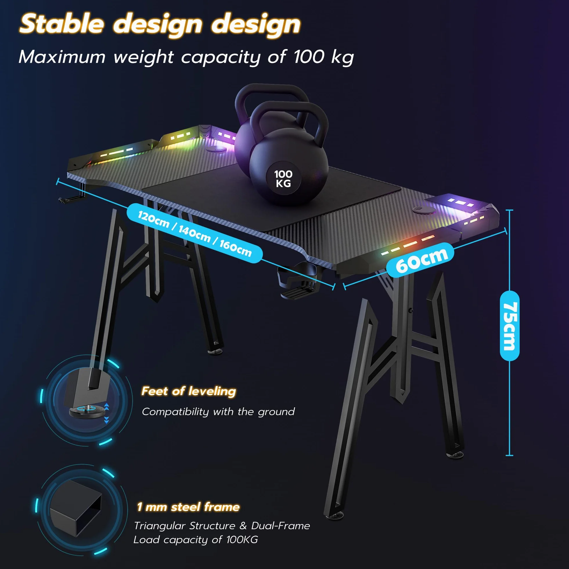 NAIZY Mesa de gaming 160 cm LED escritorio incluye soporte para auriculares, soporte para vaso de agua y orificio para cable, mesa de ordenador de fibra de carbono para PC Gamer, en marco M