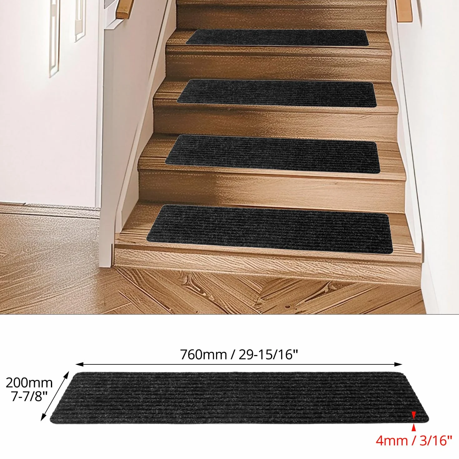 QWORK® Paquete de 15 Pisadas Antideslizantes 76x20 cm, Alfombras Autoadhesivas para Escaleras Interiores de Madera