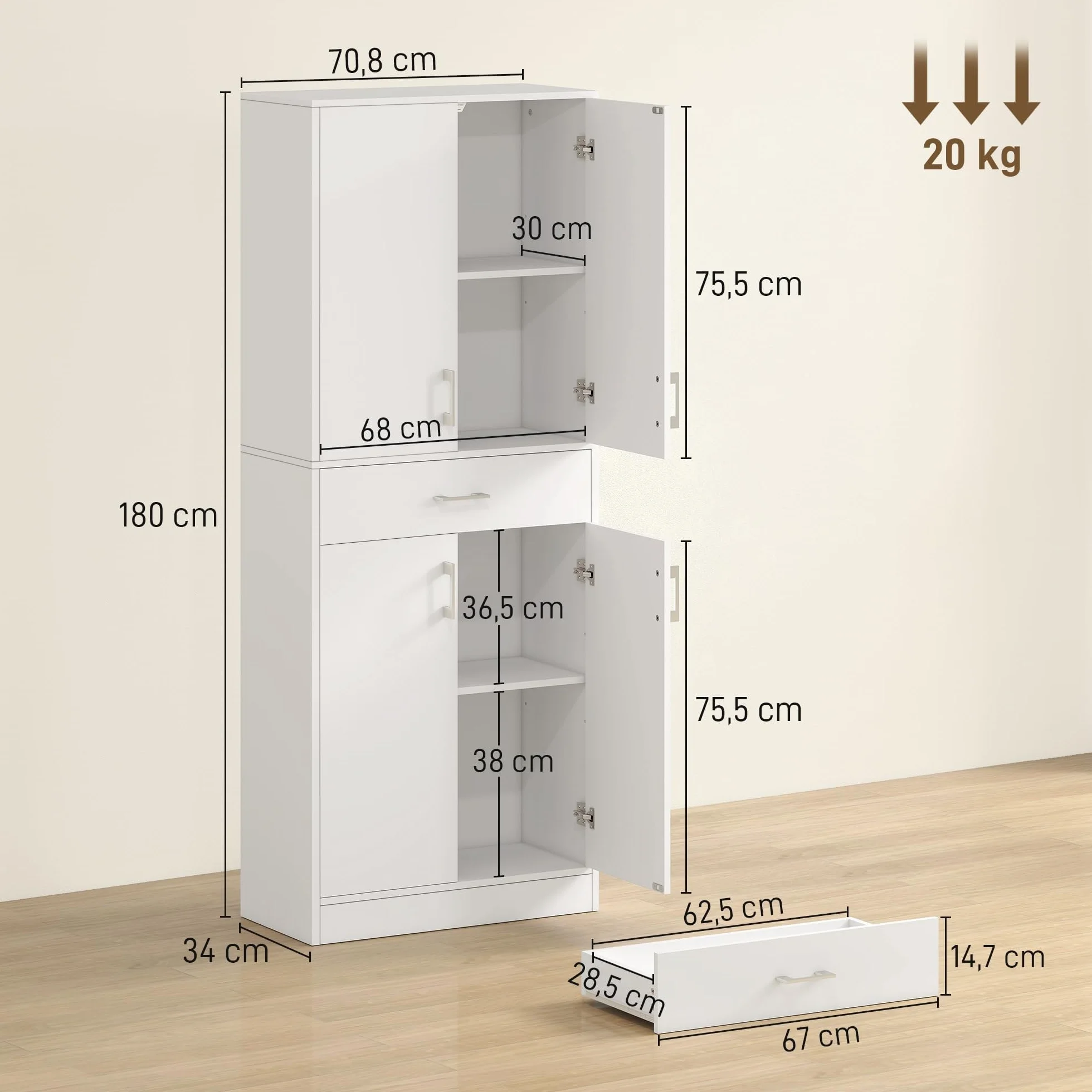 HOMCOM Alacena de Cocina con 4 Puertas 1 Cajón y Estantes Ajustables Antivuelco Armario de Cocina Moderno para Comedor Salón 70,8x34x180 cm Blanco y Plata