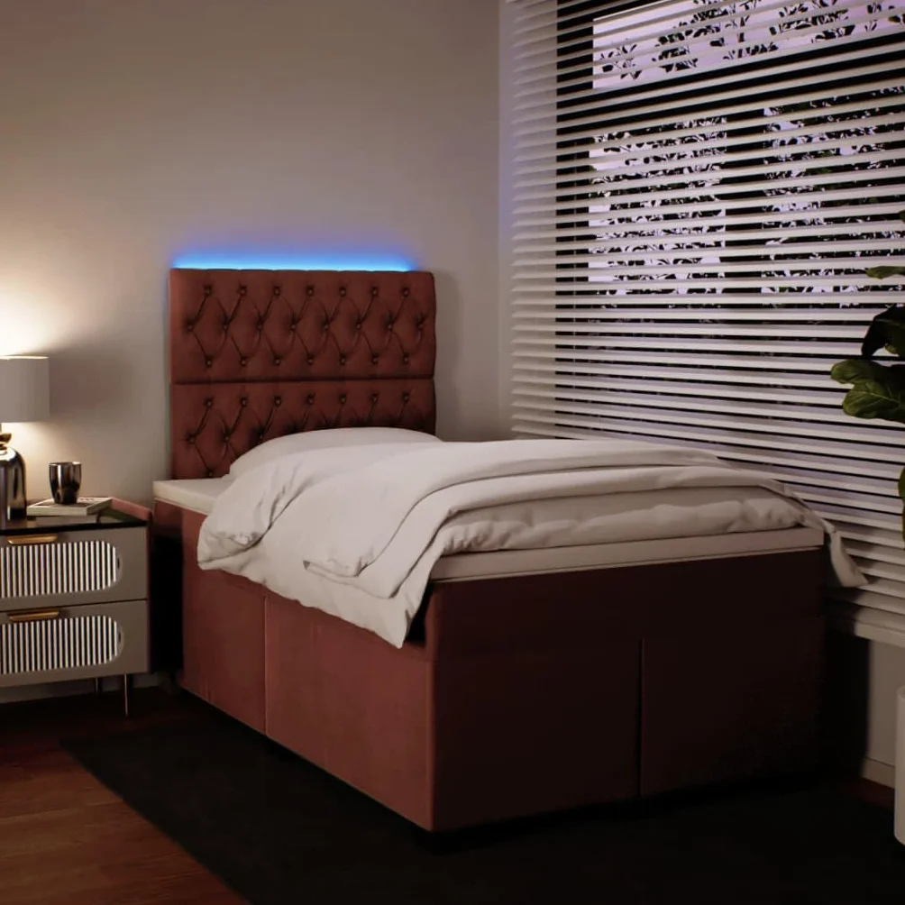 Cama con somier rosa de terciopelo 120 x 200 cm con LED USB, cabecero regulable en altura regulable, colchón de resistencia media para jóvenes, dormitorios, habitaciones de invitados