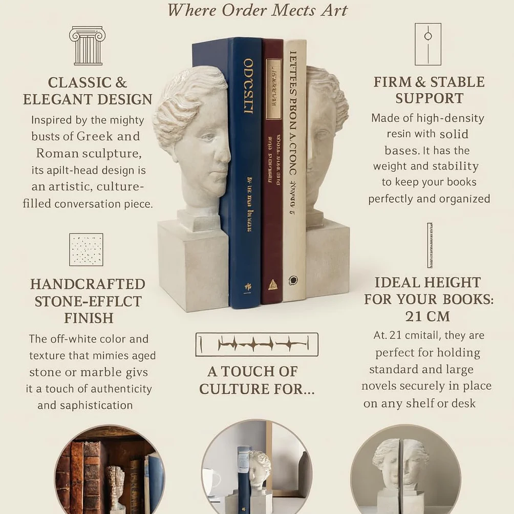 Set 2 Sujetalibros Decorativo Busto Griego Romano Cabeza Mujer Resina Blanco Roto Elegante 21 cm