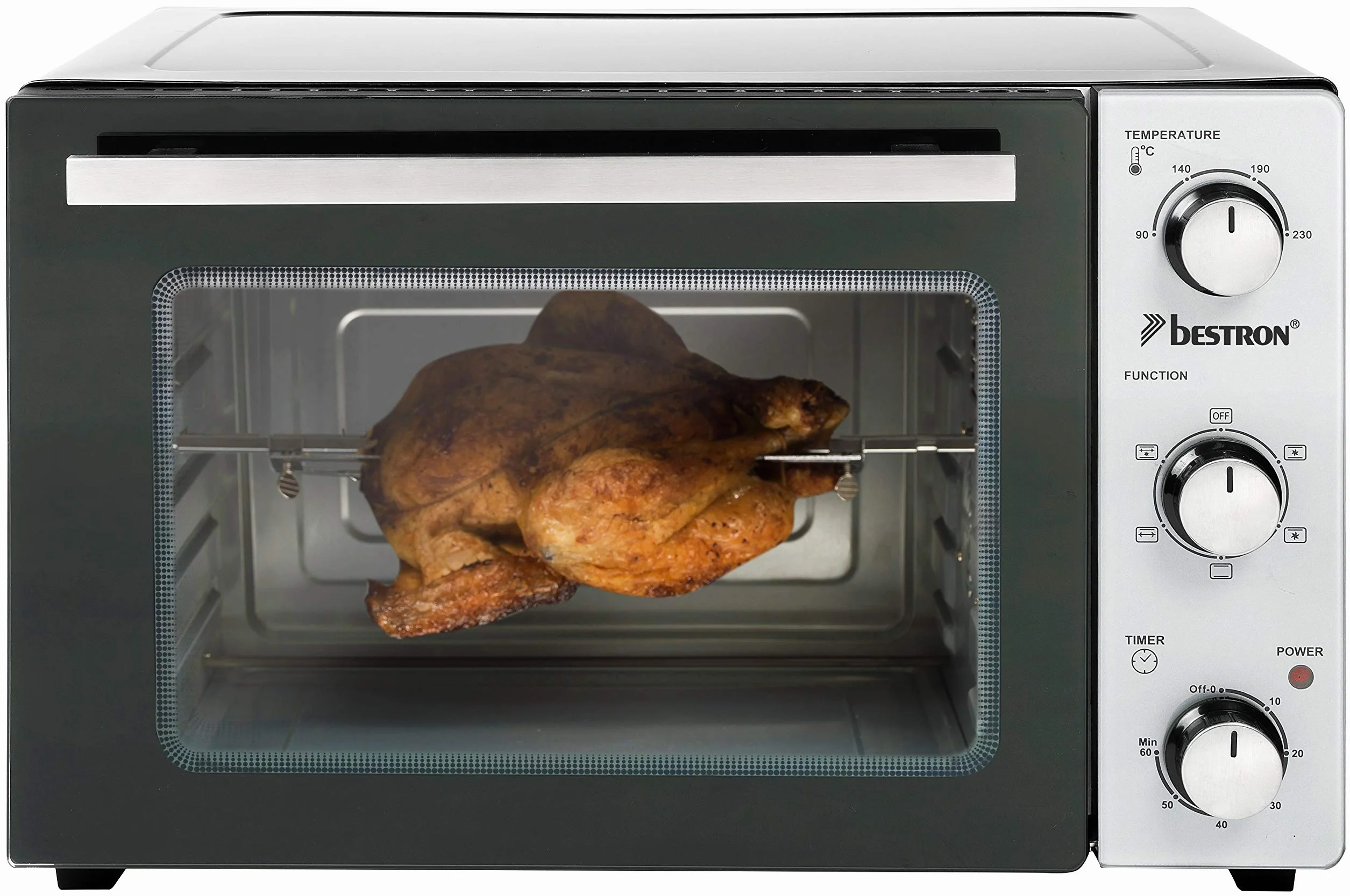 Bestron Mini Horno con Pincho Giratorio y Piedra para Pizza, 31 Litros, 1500 Vatios, Acero Inoxidable