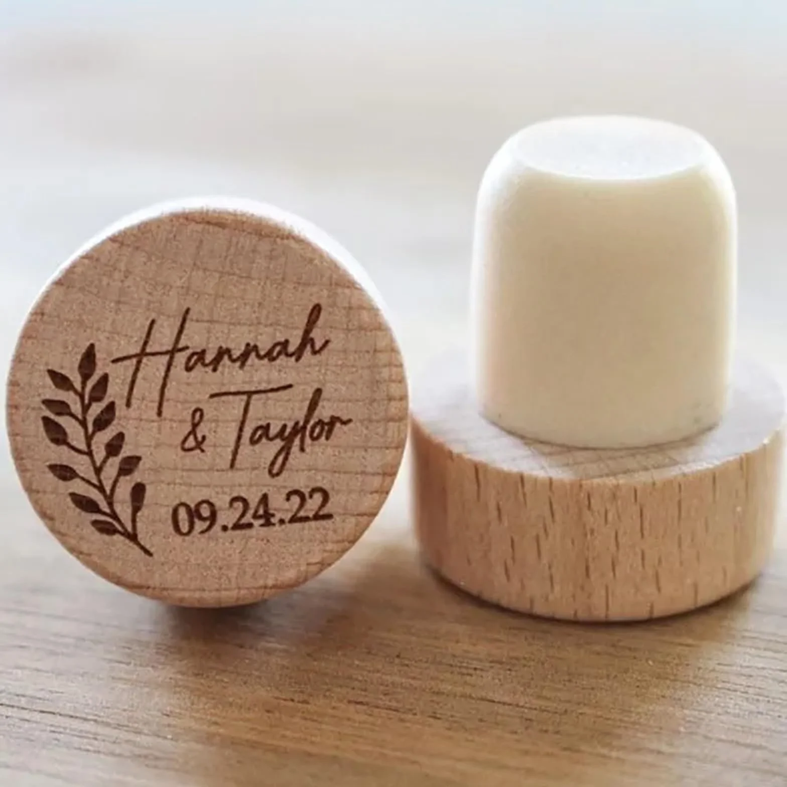 Tapones personalizados para botellas de vino de madera grabados con láser, tapón de corcho para recuerdos de boda, fiesta para invitados (100 unidades)