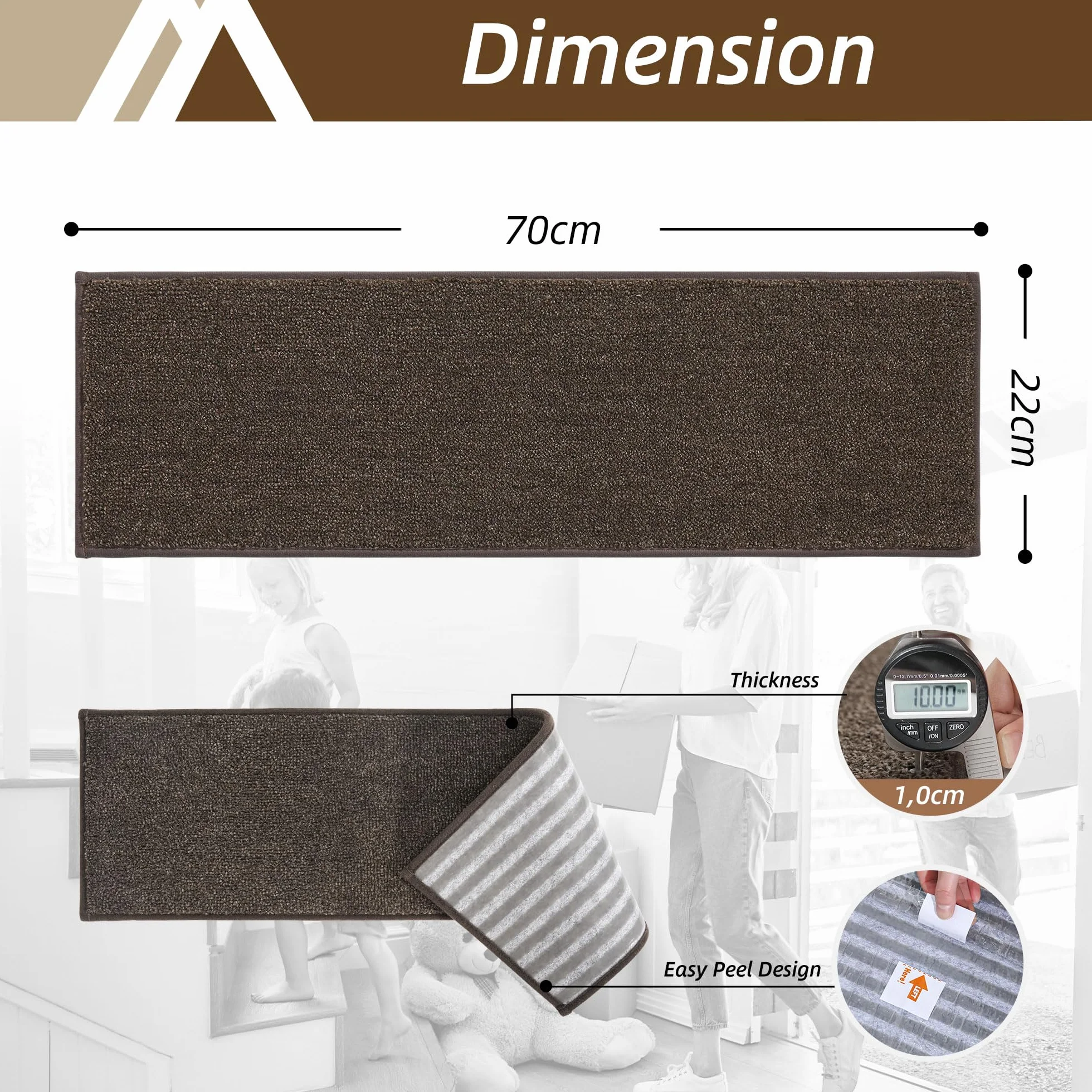 COSY HOMEER 15 alfombrillas para peldaños de escaleras, 70 x 22 cm, autoadhesivas, lavables a máquina, 100 % poliéster, respaldo TPE, ideal para niños, personas mayores y mascotas, color marrón