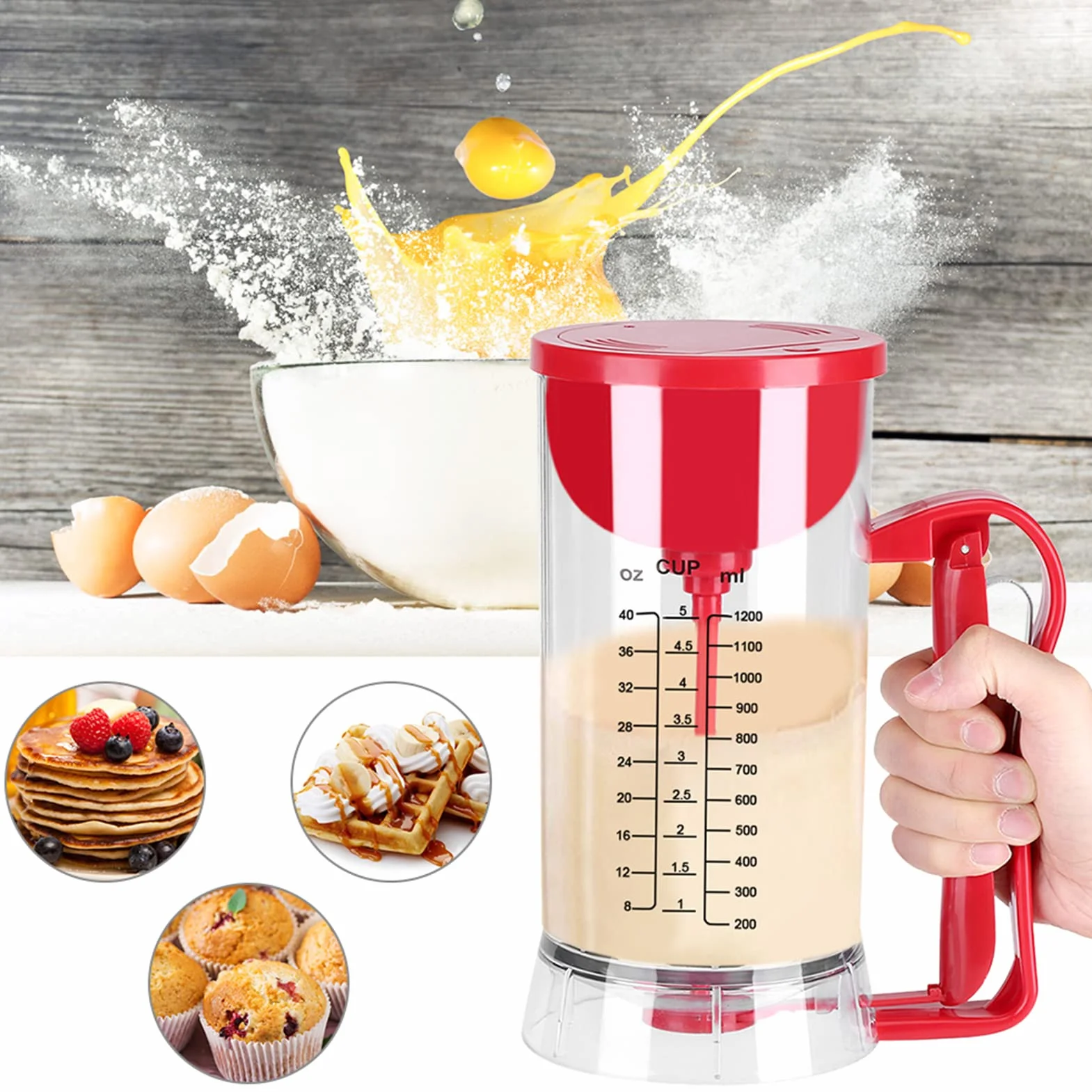 lyrlody Dispensador de Masa para Panqueques Eléctrico, Mezclador y Dosificador, 1200 ml, para Cupcakes, Magdalenas, Donas