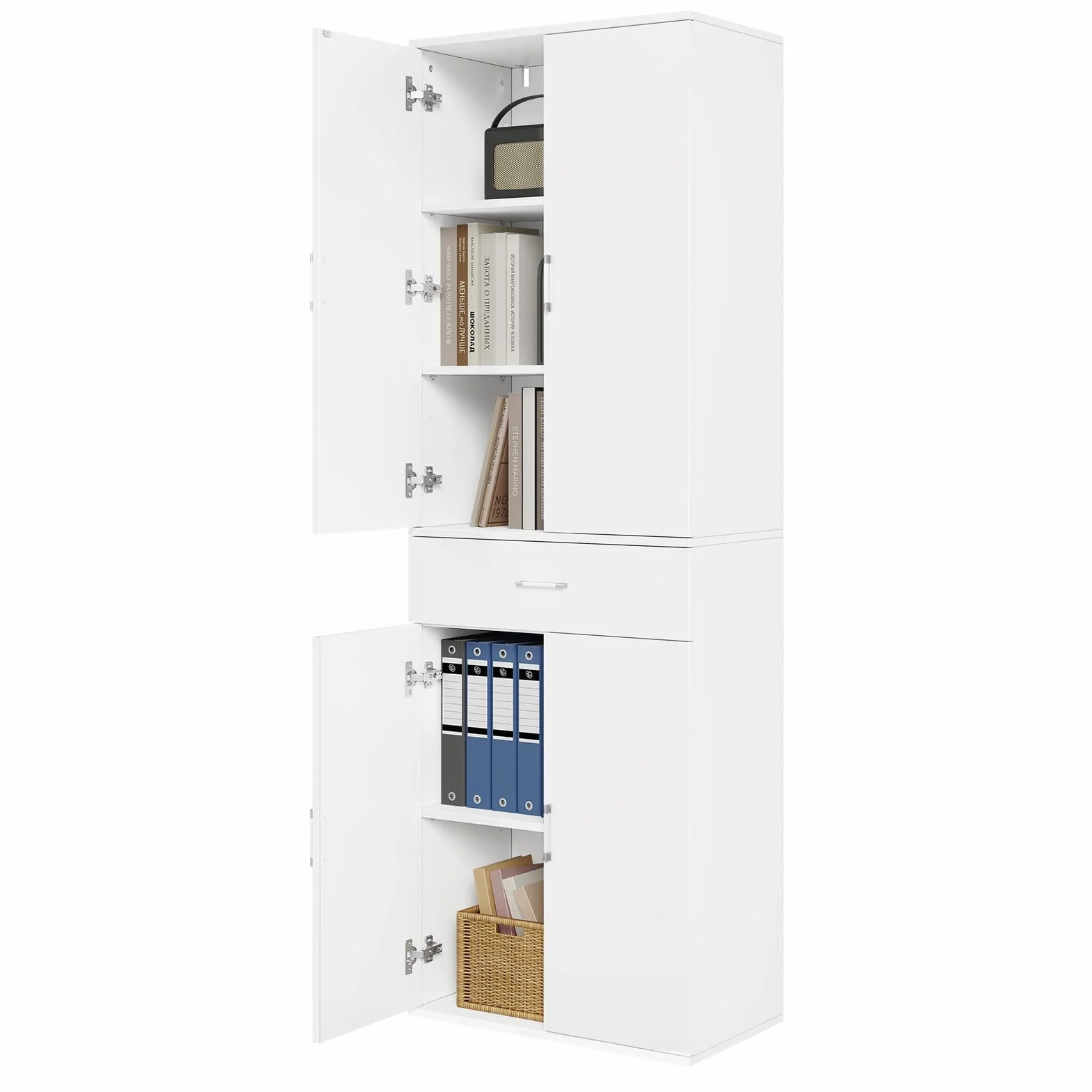 eSituro Armario de Oficina con Puertas, Armario de Almacenaje con 1 Cajón y 5 Estantes, Estantes Ajustables, 60x34x180 cm, Blanco