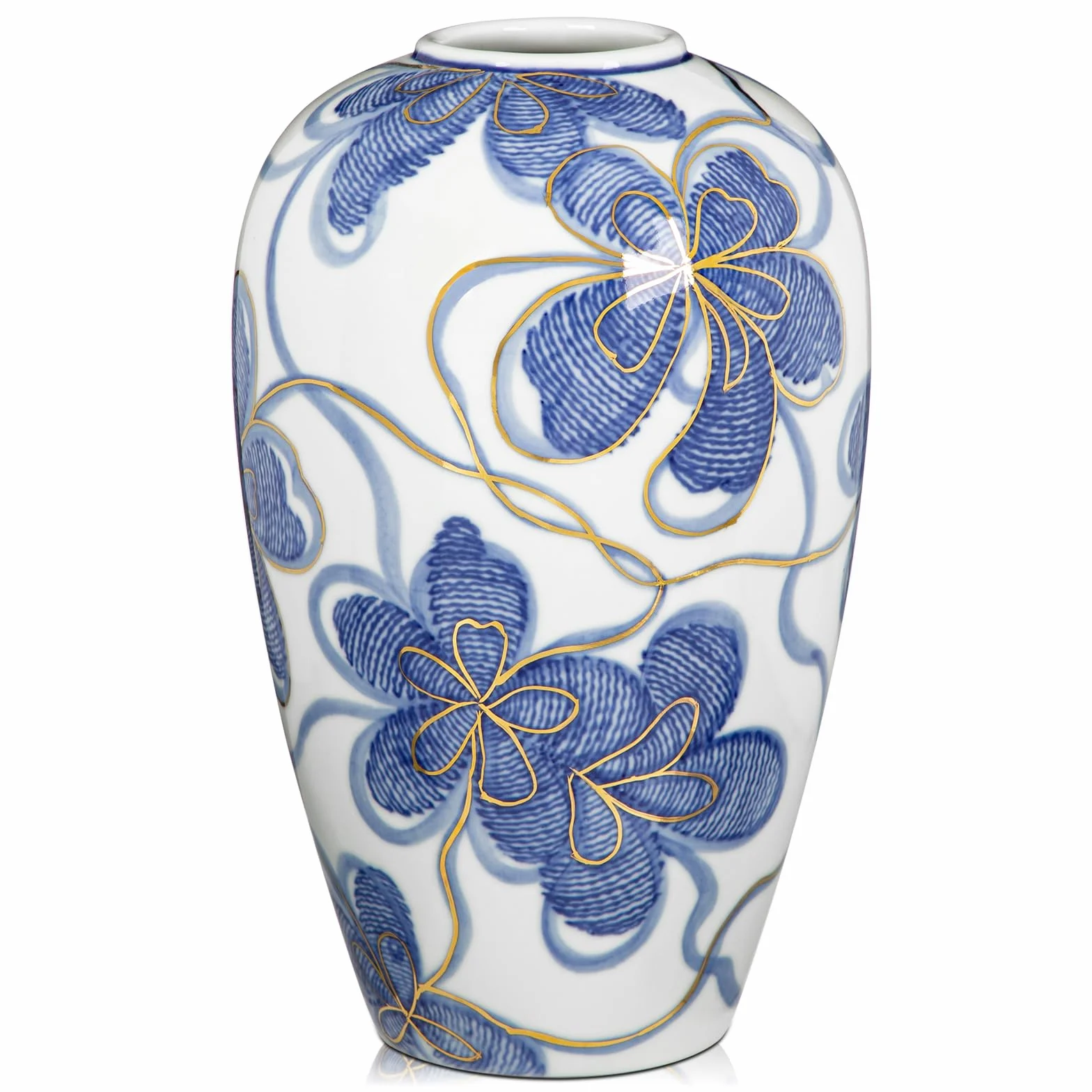 Jarrón de cerámica azul y blanco con adornos dorados, jarrón de flores pintado a mano de estilo asiático, accesorio para el hogar, altura 23 cm, ideal para flores secas, decoración o regalo