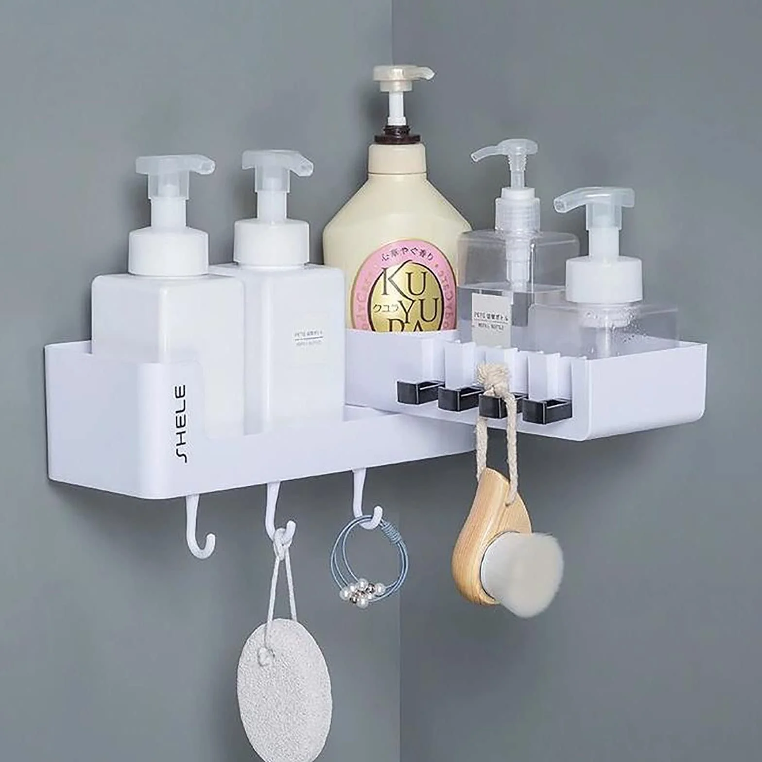 estantes de baño exquisitos Estante de baño montado en la Pared Ducha sin perforación Estante de Ducha con Ganchos Estante Giratorio para Cocina baño Inodoro/Negro