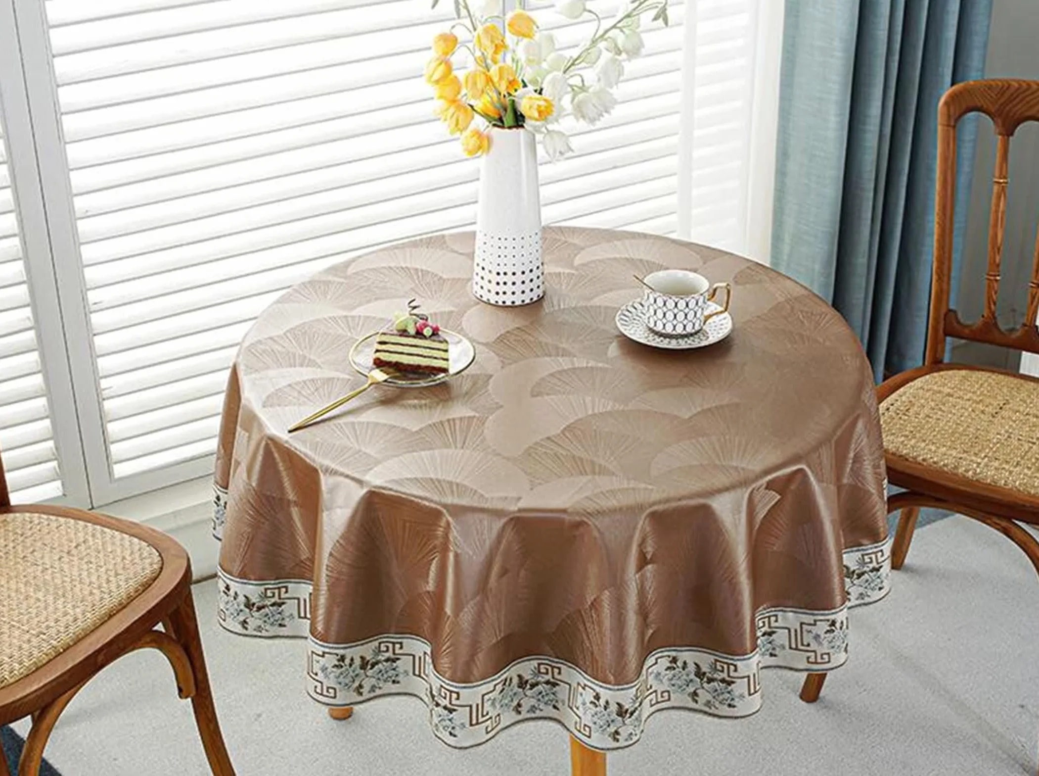 Mantel Protector Mesa Redondo Patrón de Luna y Bordados Mantel Mesa Balcon Redondo 220CM,Mantel Comedor PU Café