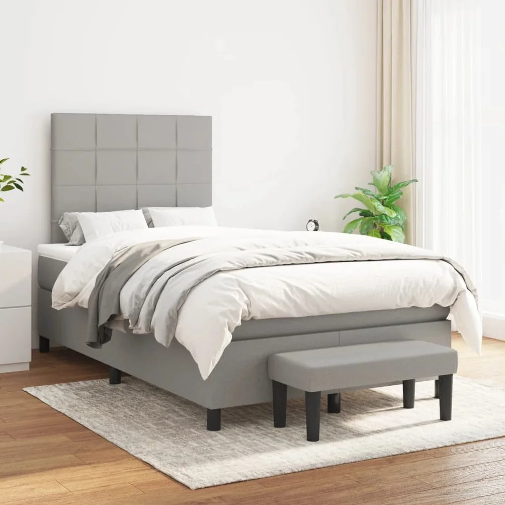 Cama con somier con colchón, color gris claro, 120 x 200 cm, tela, cama tapizada, cama individual con cabecero ajustable, marco de cama de poliéster, que ahorra espacio, muebles para jóvenes