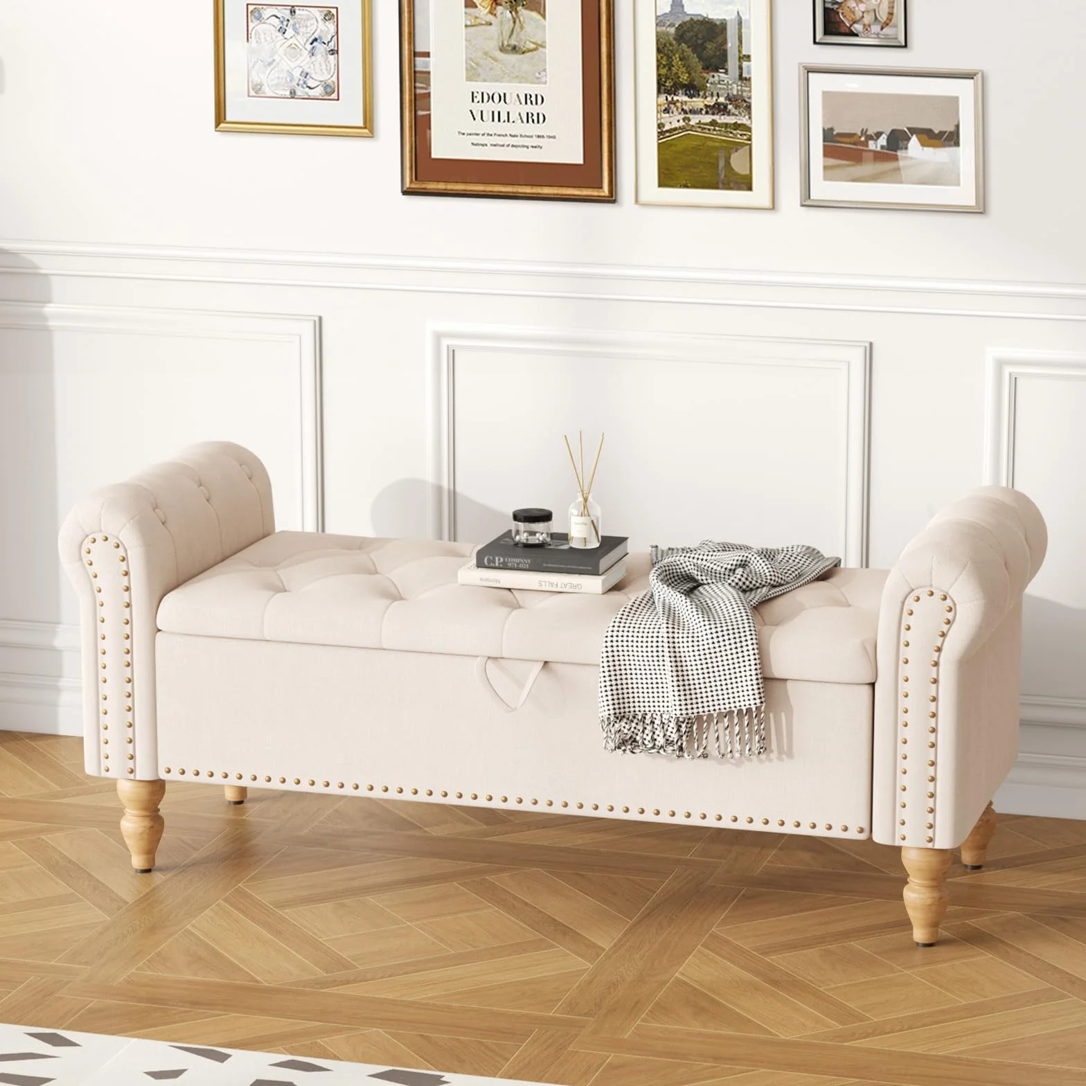 Baúl con asiento acolchado de 130 cm, puf con almacenamiento, banco plegable con reposapiés, capacidad de carga de 150 kg, revestimiento de lino, asiento acolchado para salón, dormitorio