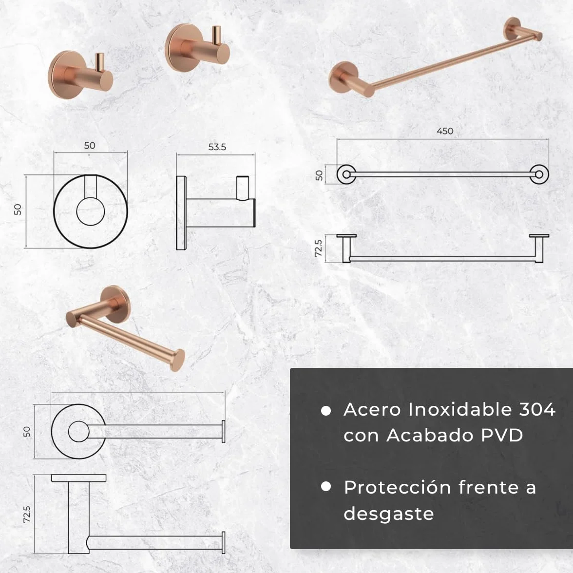 Set de 4 Accesorios de Baño Acero Inoxidable Piezas Premium - Toallero 40 Cm, Portarrollos y 2 Perchas - Color Oro Rosa Cepillado con Acabado PVD y Doble Fijación - The Bath Point