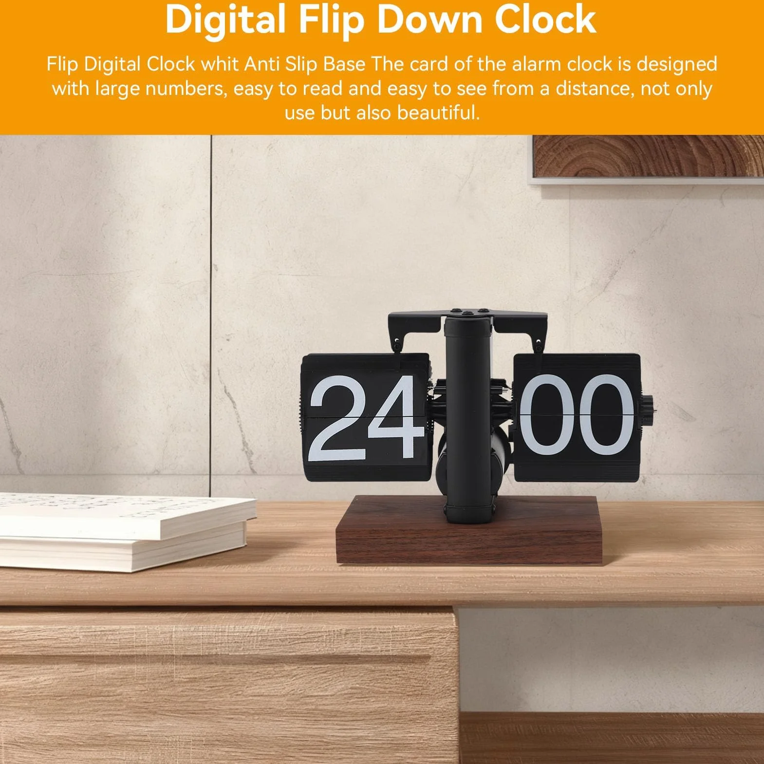 HERCHR Reloj Digital Abatible Vintage, Reloj de Escritorio Retro con Base de Madera, Reloj Despertador de 24H con Engranajes Internos