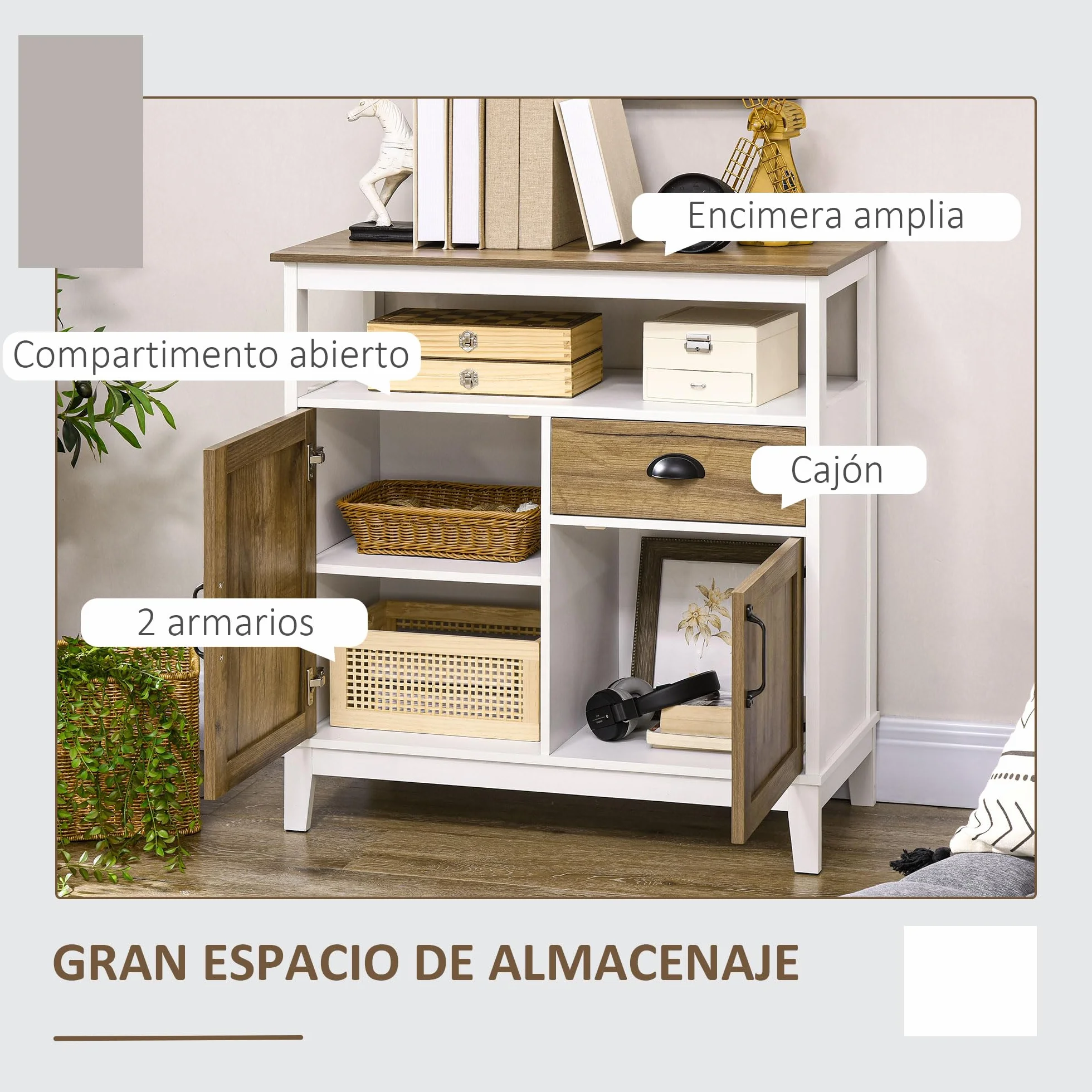 HOMCOM Aparador de Salón 2 Puertas Cajón 76,6x35x81,5 cm Blanco y Marrón | Armario Almacenaje de Madera, Estante Ajustable, para Comedor Cocina Dormitorio
