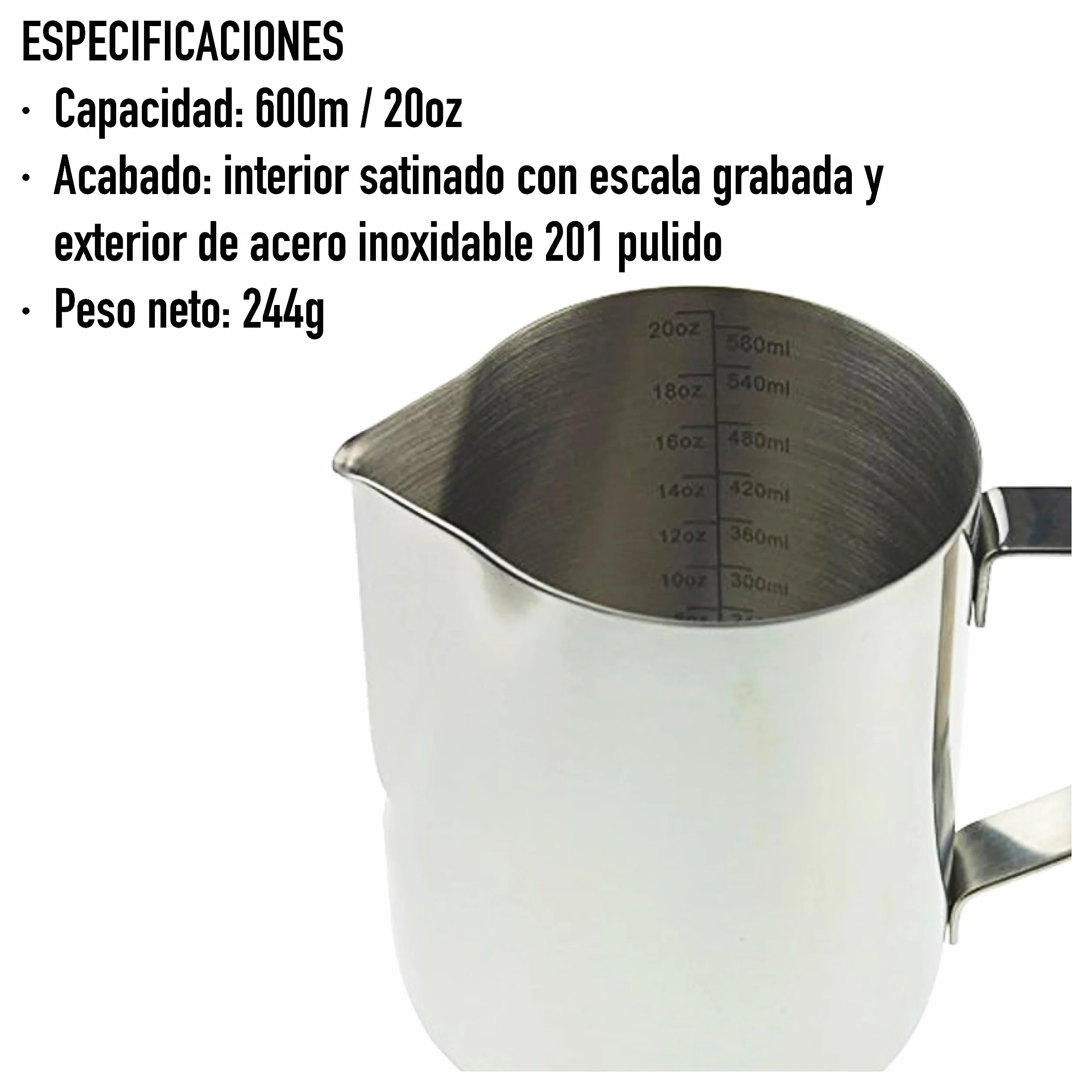 Jarra de leche Barista 600 ml de acero inoxidable para máquina de café, espuma de leche