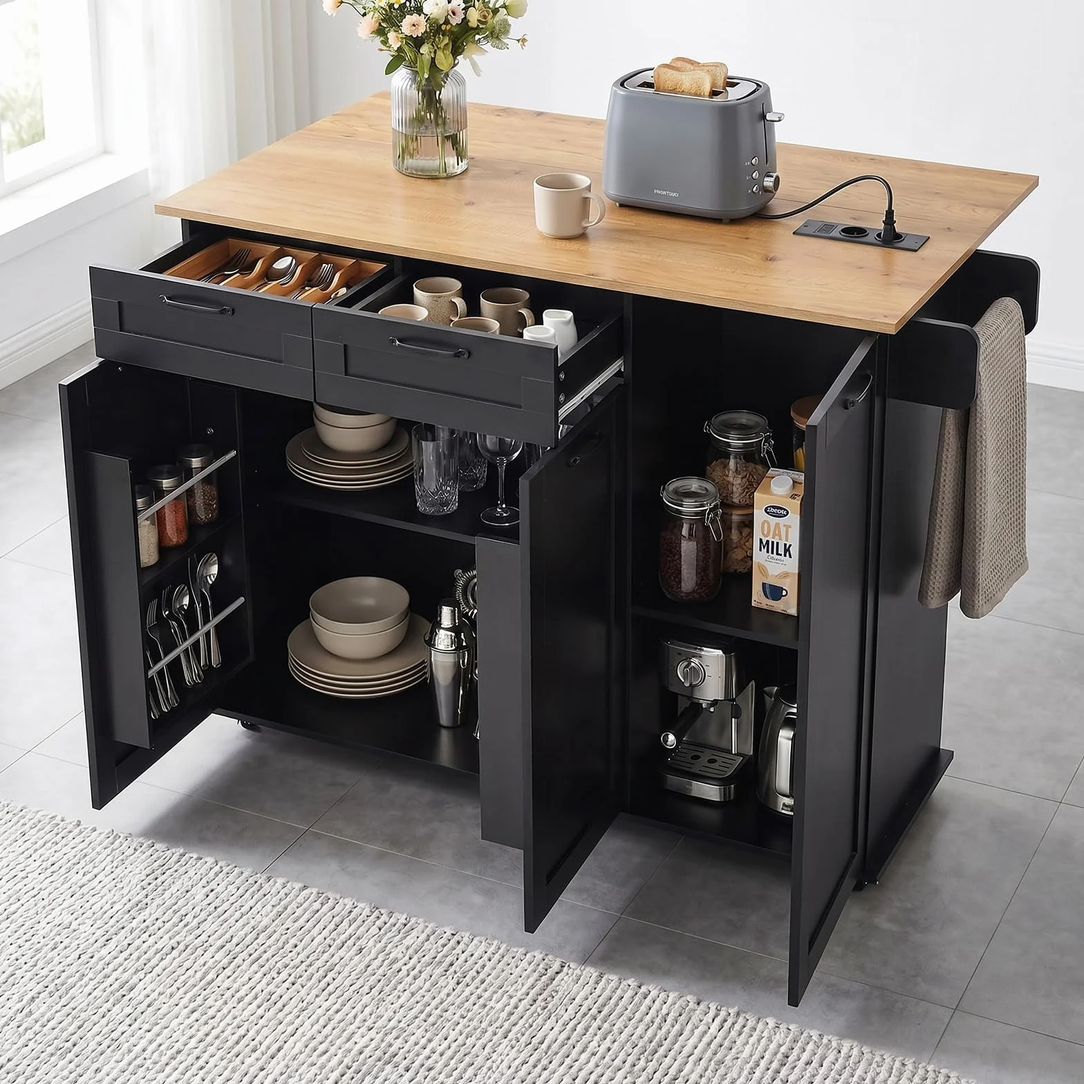 Isla de Cocina con Ruedas, Carro de Cocina con 2 Enchufes y 2 Puertos USB, Mueble de Cocina con Encimera Abatible, 119,5 x 74 x 94 cm, para Cocina y Comedor, Negro