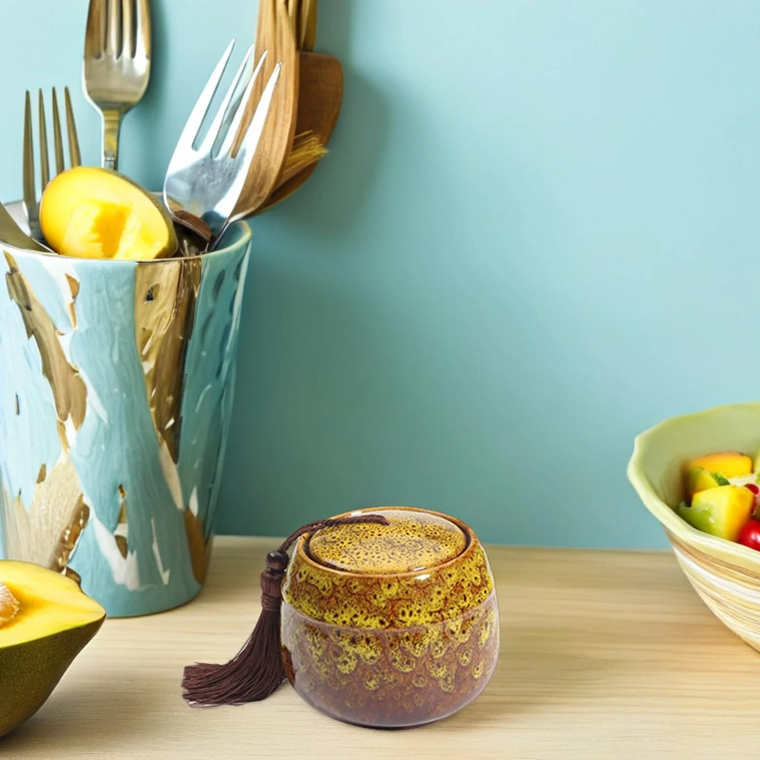 Tarro de Cerámica para Té 5 Piezas Tapa y Cierre Hermético | Latas Redondas para Hojas, Uso Doméstico y Sobremesa, Formato Mini, Multiuso para Guardar Otros Artículos Color Aleatorio
