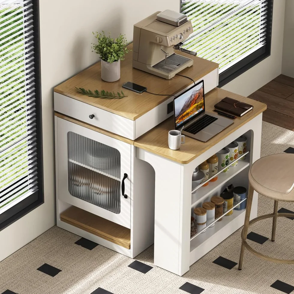 Mueble isla de cocina 71(151) x80x92 cm, mesa de comedor extensible con tablero extraíble, mesa de bar con enchufe múltiple, isla cocina sobre ruedas para comedor (A-blanco + natural)