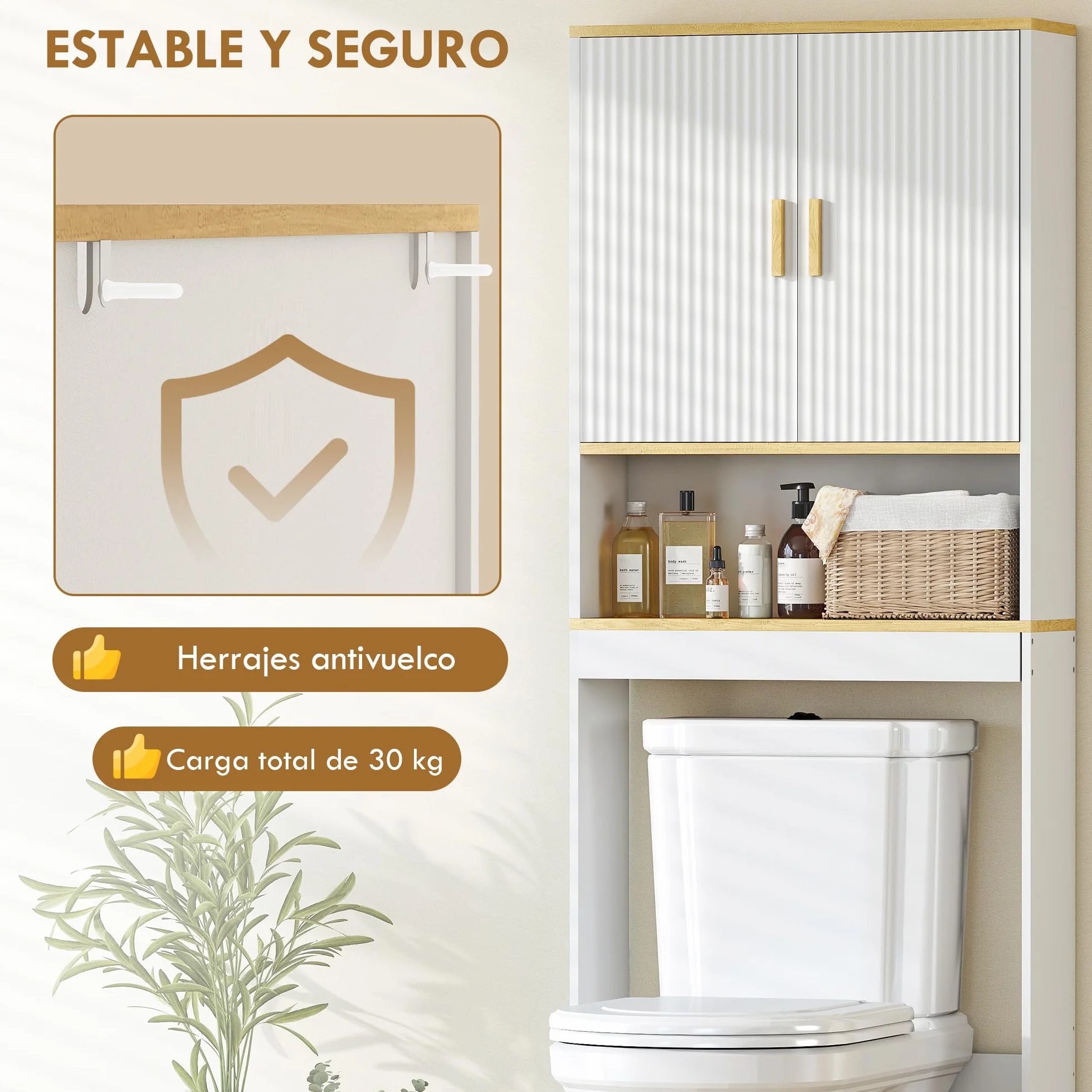 HOMCOM Estantería para Baño sobre Inodoro, Mueble Organizador de Baño de 3 Niveles con Estante Abierto, 2 Puertas y Estante Ajustable, 64x20x170,5 cm, Blanco