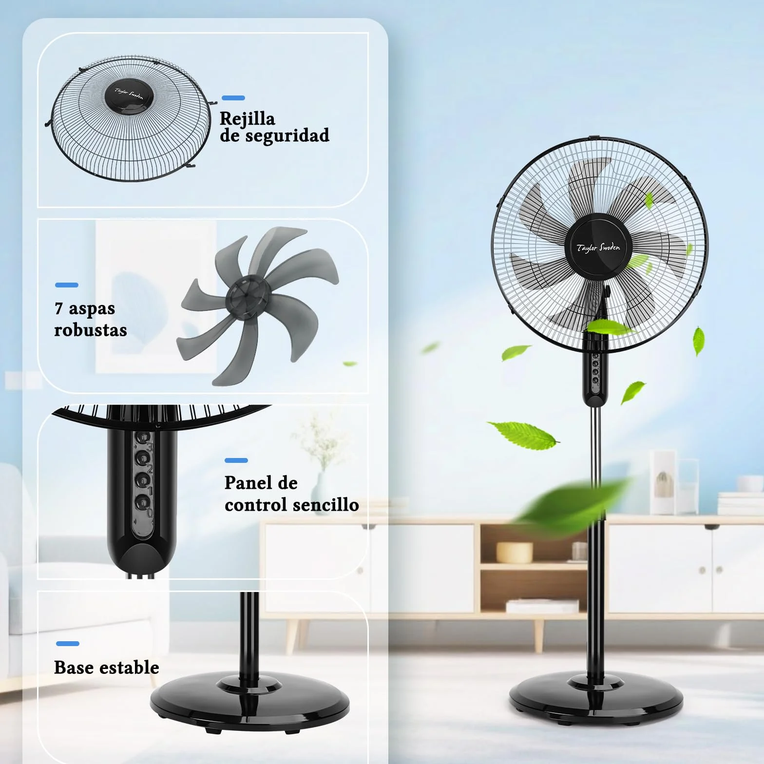 Taylor Swoden 7 Aspas Ventilador de pie Potente, 3 Velocidades, 50W Ventiladores, Altura Regulable, Oscilante, Rejilla de Seguridad, Base Estable, Negro, 43x40x120cm, *2
