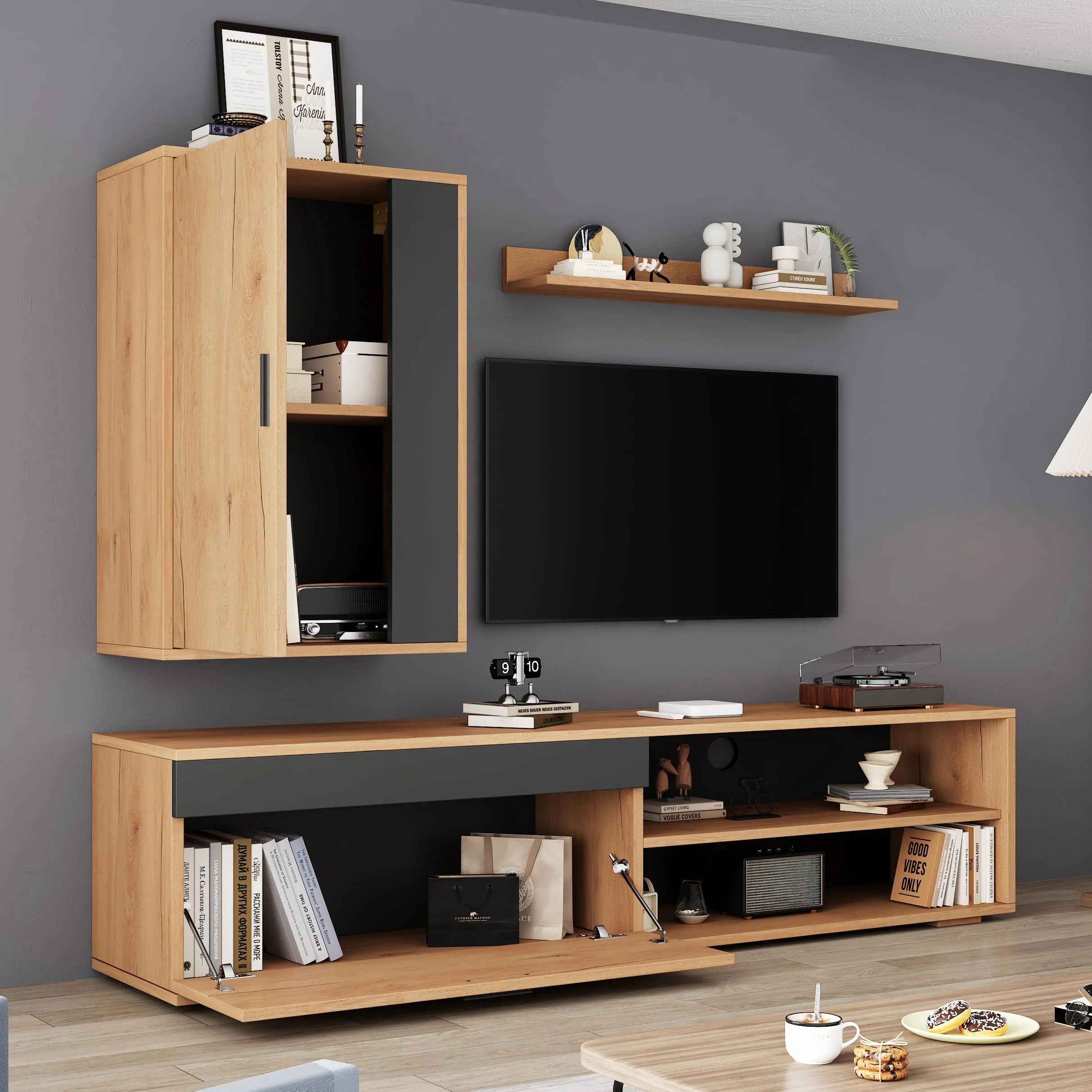 Juego de pared para TV (juego completo, 3 unidades), 140 x 35 x 39 cm, pared multimedia incluye mueble TV, estantería de pie y estantería de pared, juego de muebles de salón, moderno mueble de