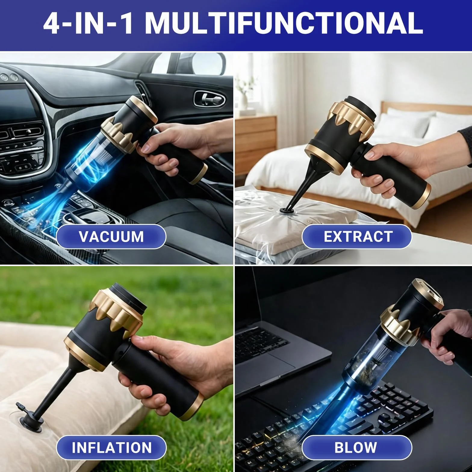 Aspiradora de Mano Sin Cable Potente Portátil para Coche y Hogar Negro